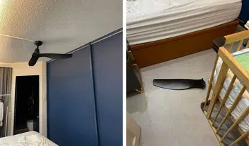 Ceiling fan blade breaks off, falls next to baby's cot