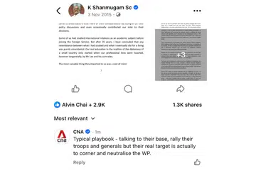 'CNA admin caught': Mediacorp lodges police report over comment blasting establishment on Shanmugam's old post