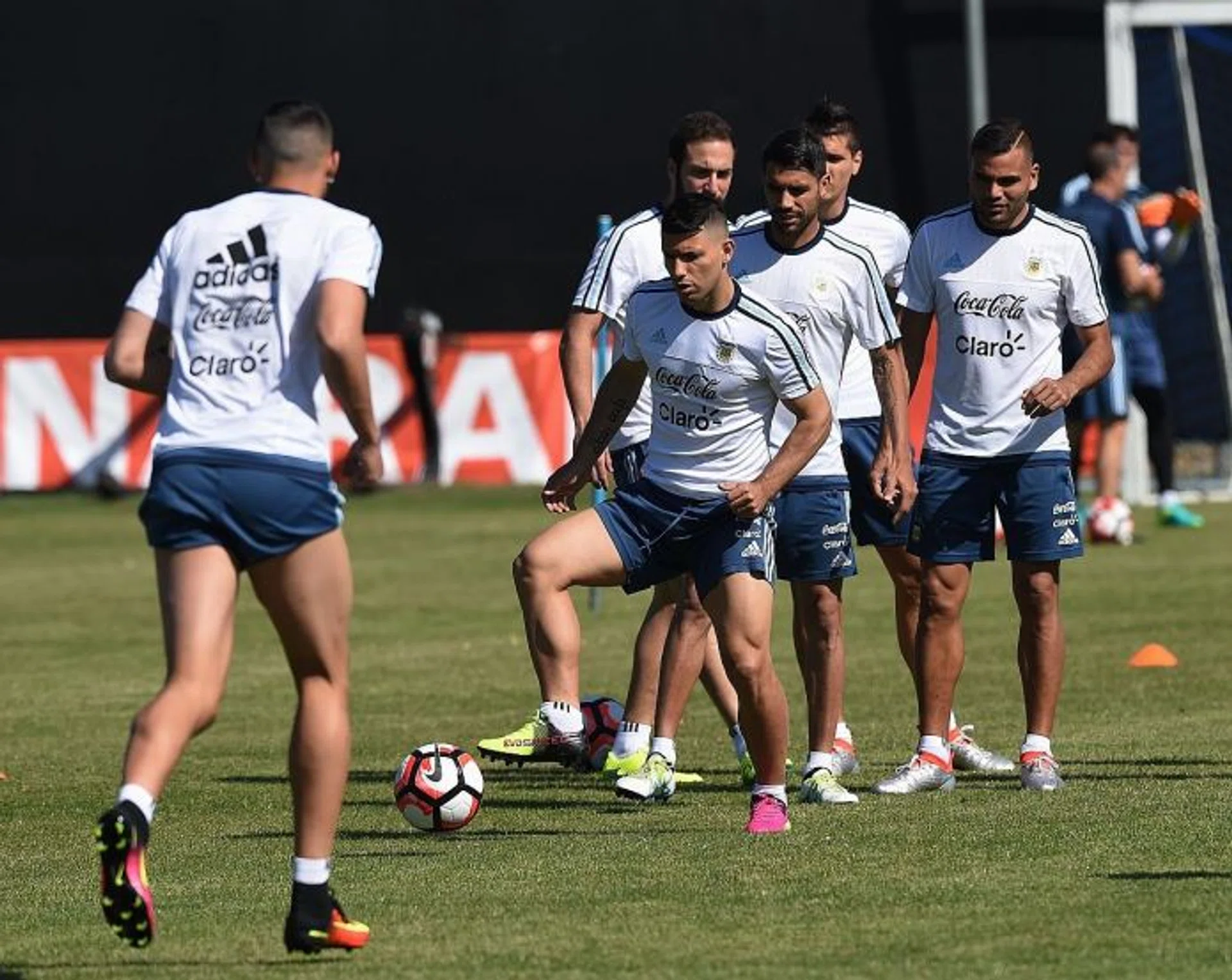 ARGENTINA'S ACE: Sergio Aguero leading a shooting drill during training.