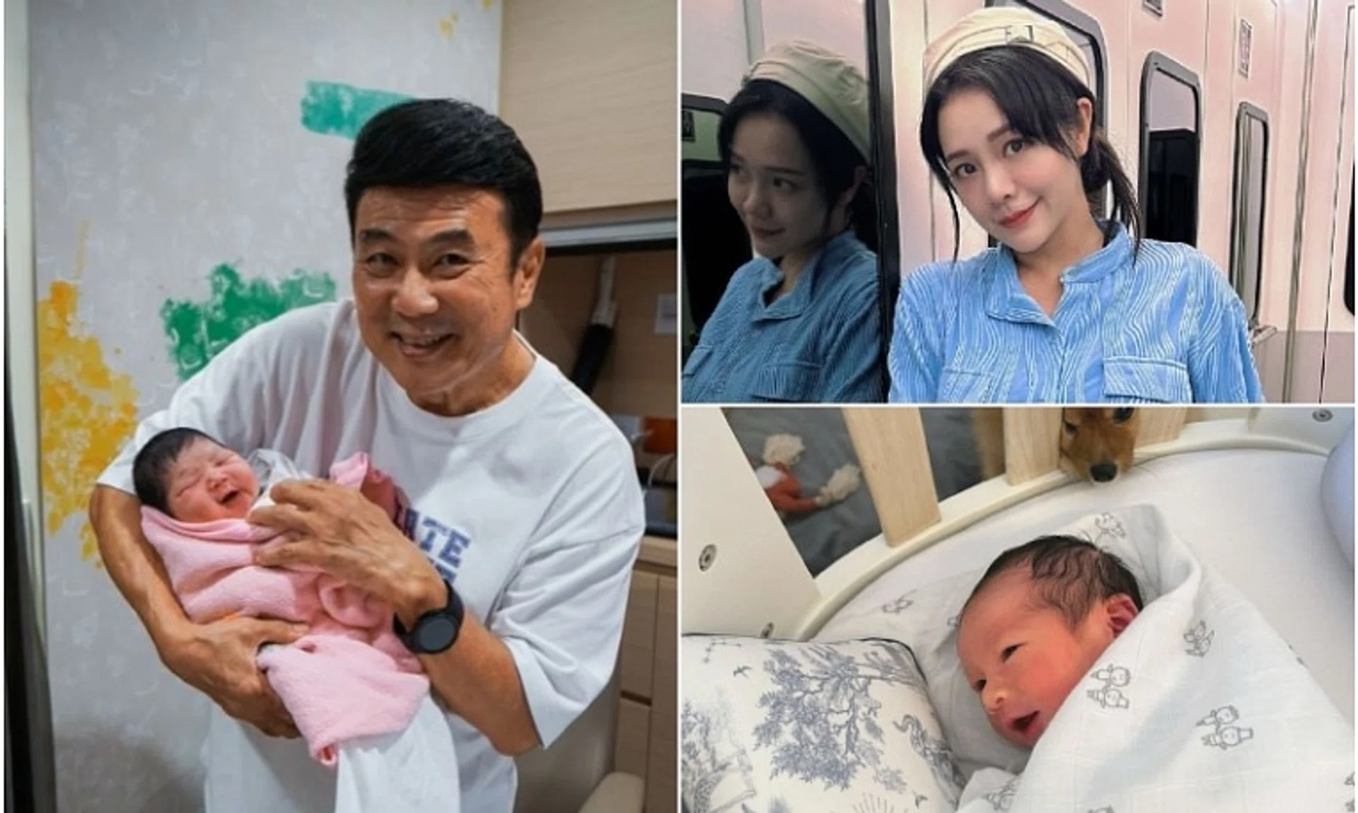 Ah Girls Go Army director Jack Neo (left) with his newborn granddaughter. Ah Girls Go Army lead actress Apple Chan (top right) has given birth to a son (bottom right). 