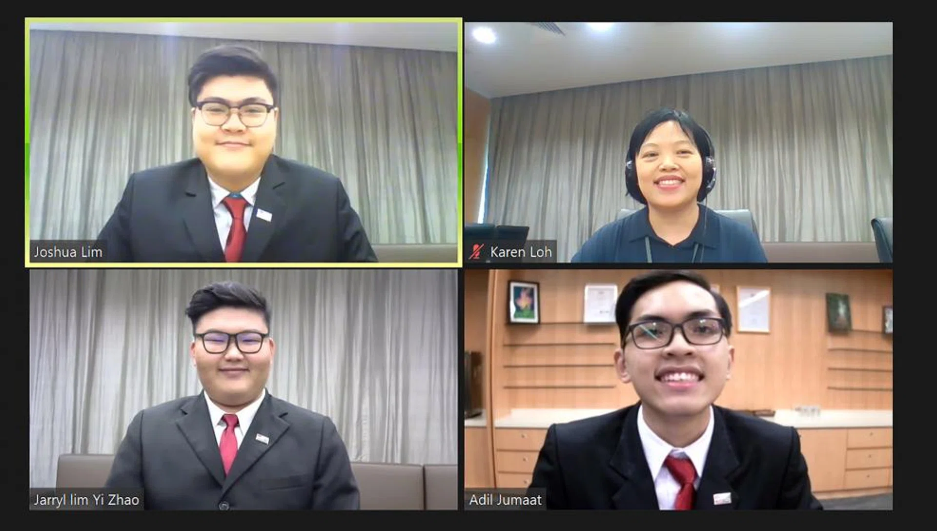 Joshua Lim Zheng Jie (top left), Jarryl Lim Yi Zhao (bottom left) and Muhammad Adil Juma'at (bottom right) presenting their business plan during the finals of Singapore University of Social Sciences (SUSS) SBIZ Business Plan Competition. Their mentor Ms Karen Loh (top right) was present during the finals as well.