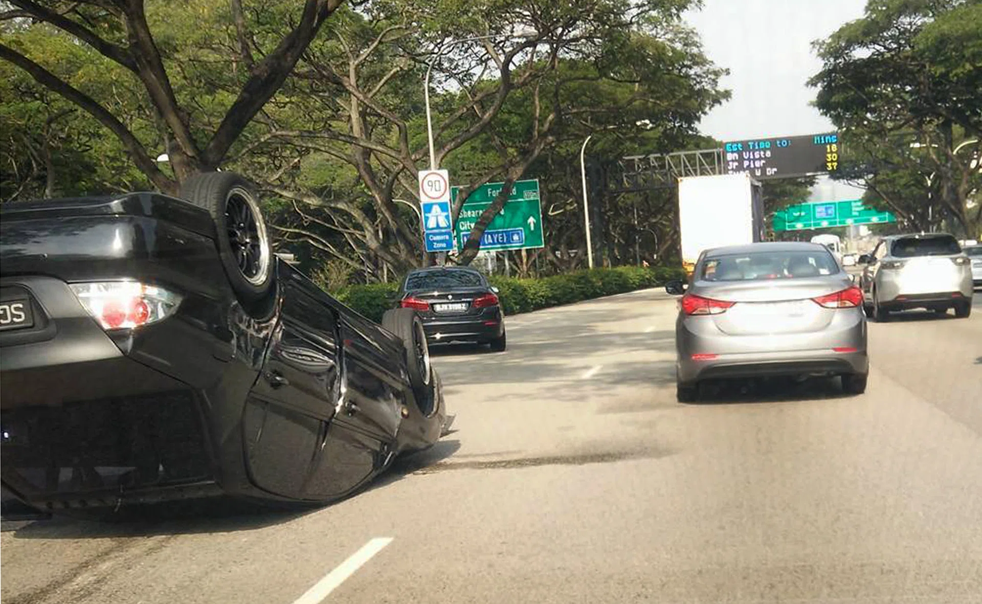 FLIPPED: A car turned turtle near Fort Road on the East Coast Parkway in the direction of Ayer Rajah Expressway.