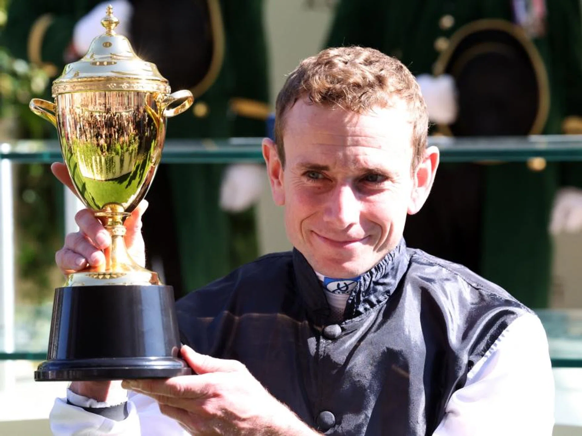 Ryan Moore celebrating after riding his 83rd Royal Ascot winner, Kyprios, in the Group 1 Gold Cup (4.000m) on June 20. One win earlier, he bettered Frankie Dettori's 81-win record on Port Fairy.
