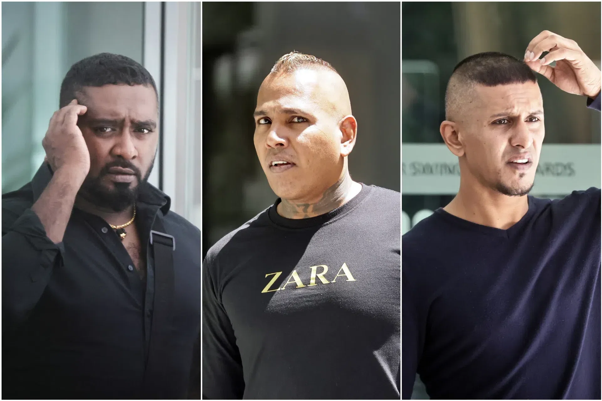 Alex Kumar Gnanasekaran (left) was fined $4,000, while Md Dino Marciano Abdul Wahab (centre) and Mohamed Eusof Mohamed Yahiya (right) were each handed a $5,000 fine.