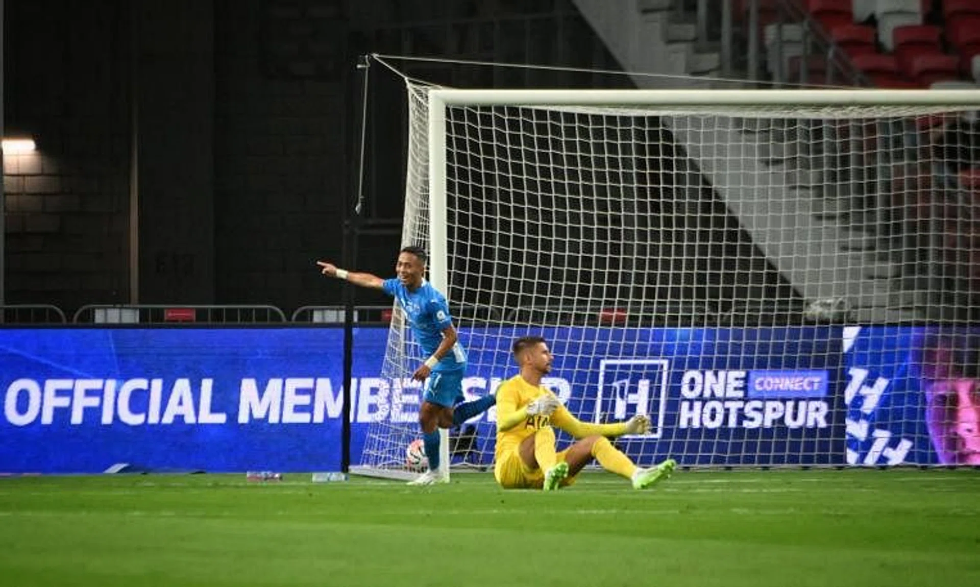 Shawal Anuar (in blue) celebrating after giving the Lion City Sailors an early lead against Tottenham Hotspur on Wednesday.