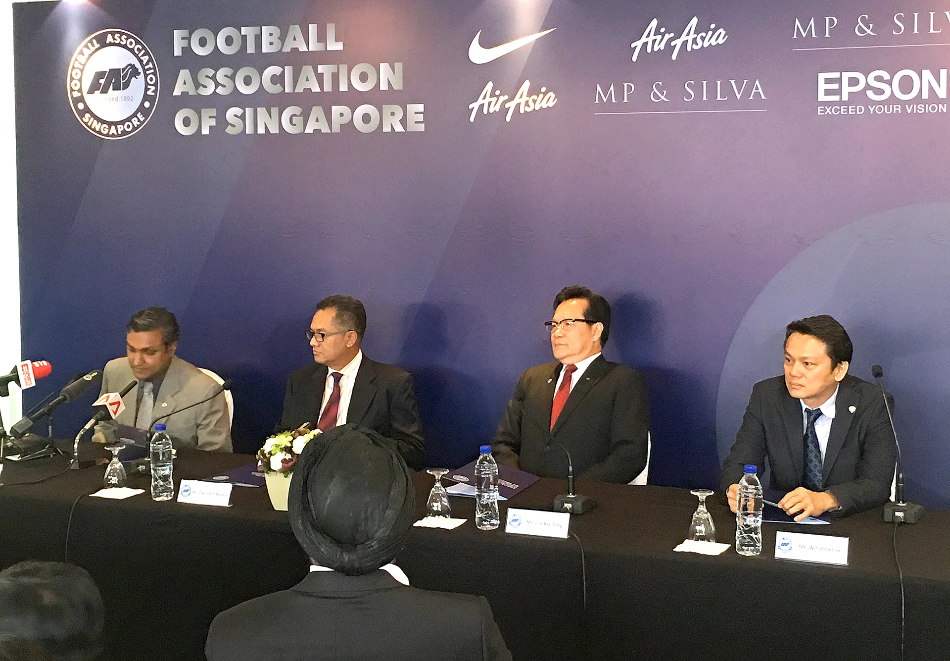 MAN IN CHARGE: (Left to right) Sundramoorthy, Football Association of Singapore (FAS) president Zainudin Nordin, FAS vice-president Lim Kia Tong, FAS secretary general Winston Lee
