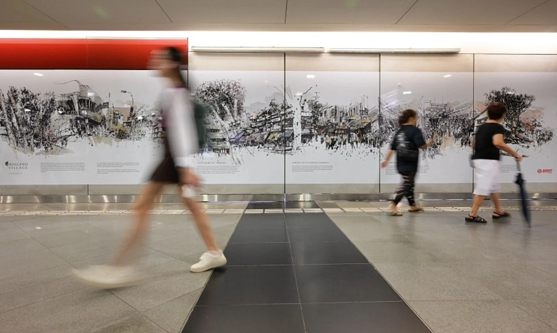 A mural at Holland Village MRT Station depicting iconic landmarks from the area.