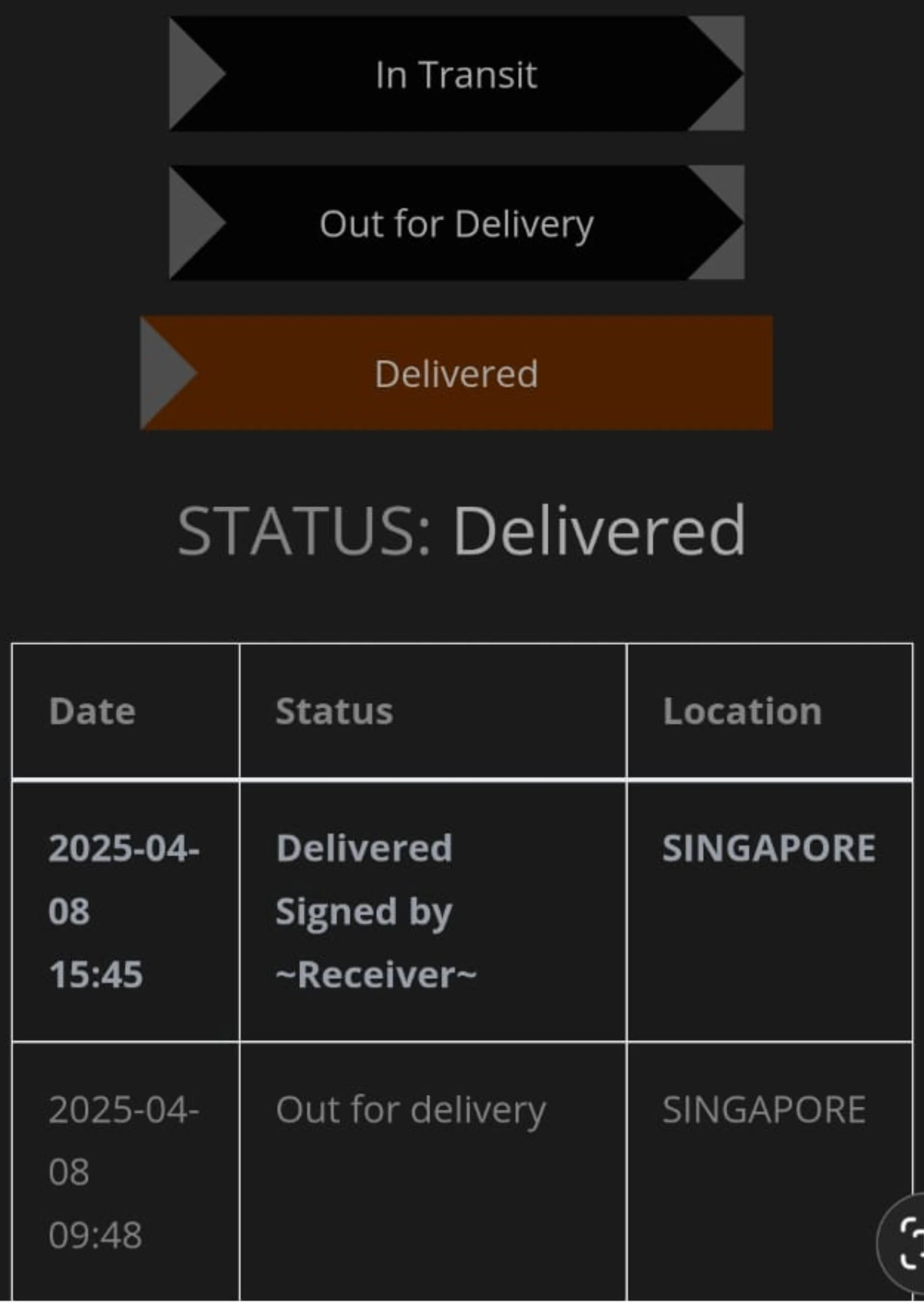 The website claimed that the parcel was delivered and signed by the receiver.