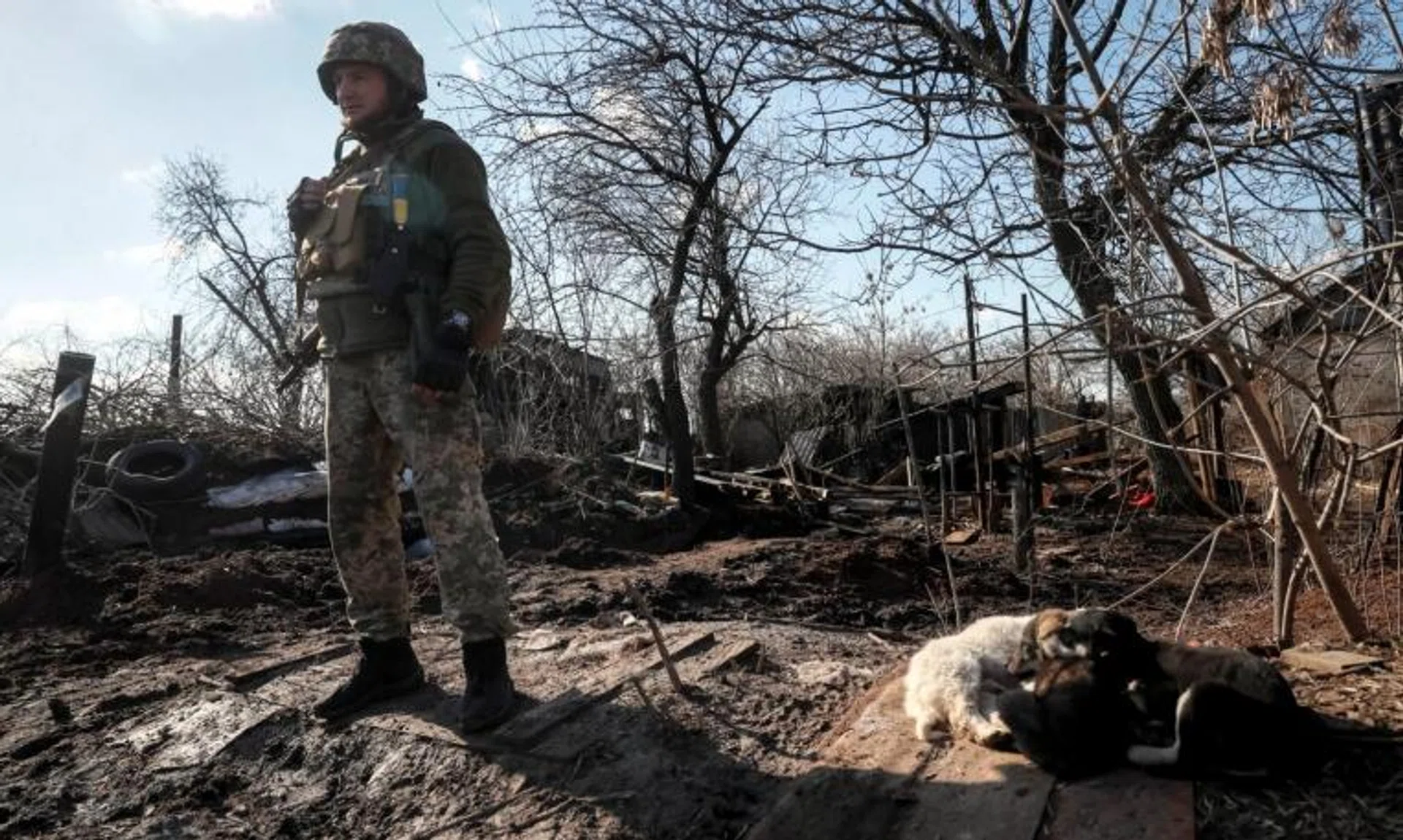 A Ukrainian service member on the front line near the village of Travneve in the Donetsk region on Feb 21, 2022.