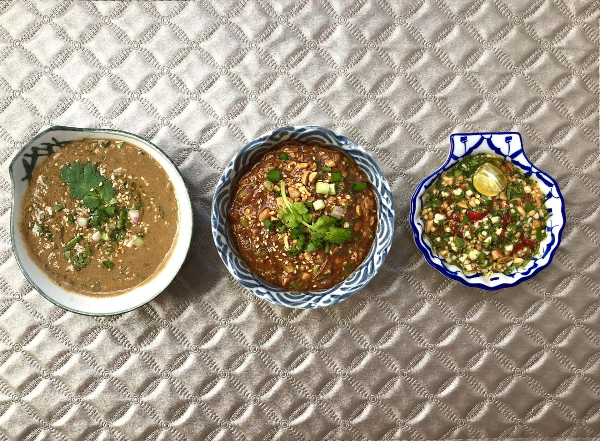(From left) Sesame Dip, Spicy Savoury Dip and Spicy Seafood Dip. TNP PHOTO: HEDY KHOO