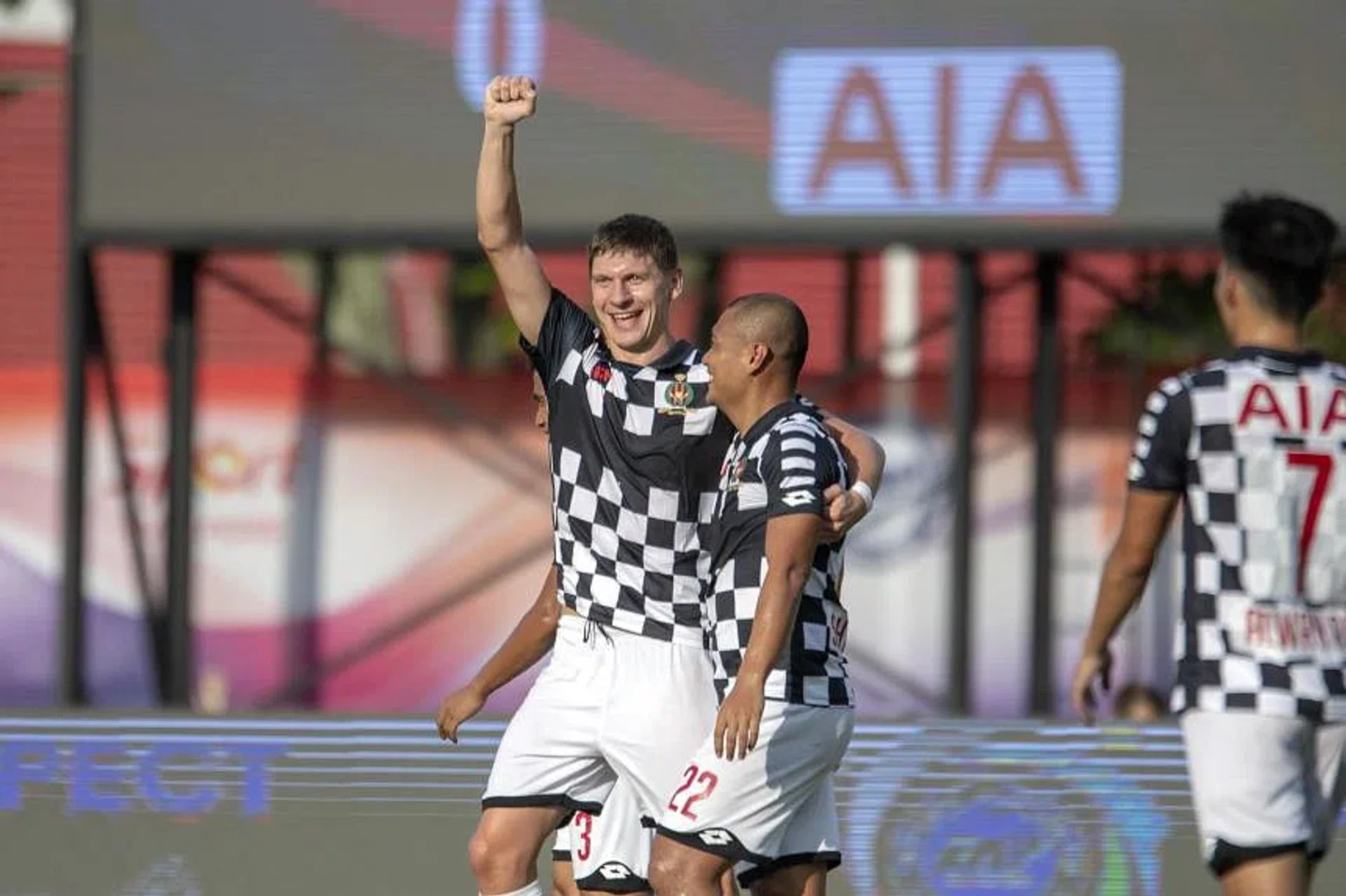 Brunei DPMM's Ukrainian striker Andrei Varankou celebrates after scoring in his team's 7-1 win over Balestier Khalsa, in their Singapore Premier League match in April 2019. 
