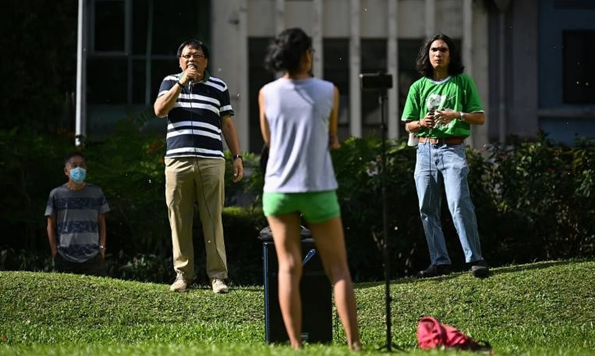 Mr Leong Sze Hian speaks with host Prabu Ramachandran at Speakers' Corner, on a call to deport former Sri Lankan president Gotabaya Rajapaksa, on July 16, 2022.
