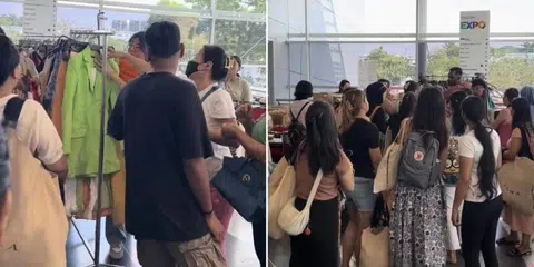 Women show trashy behaviour for trendy clothes at Expo sale