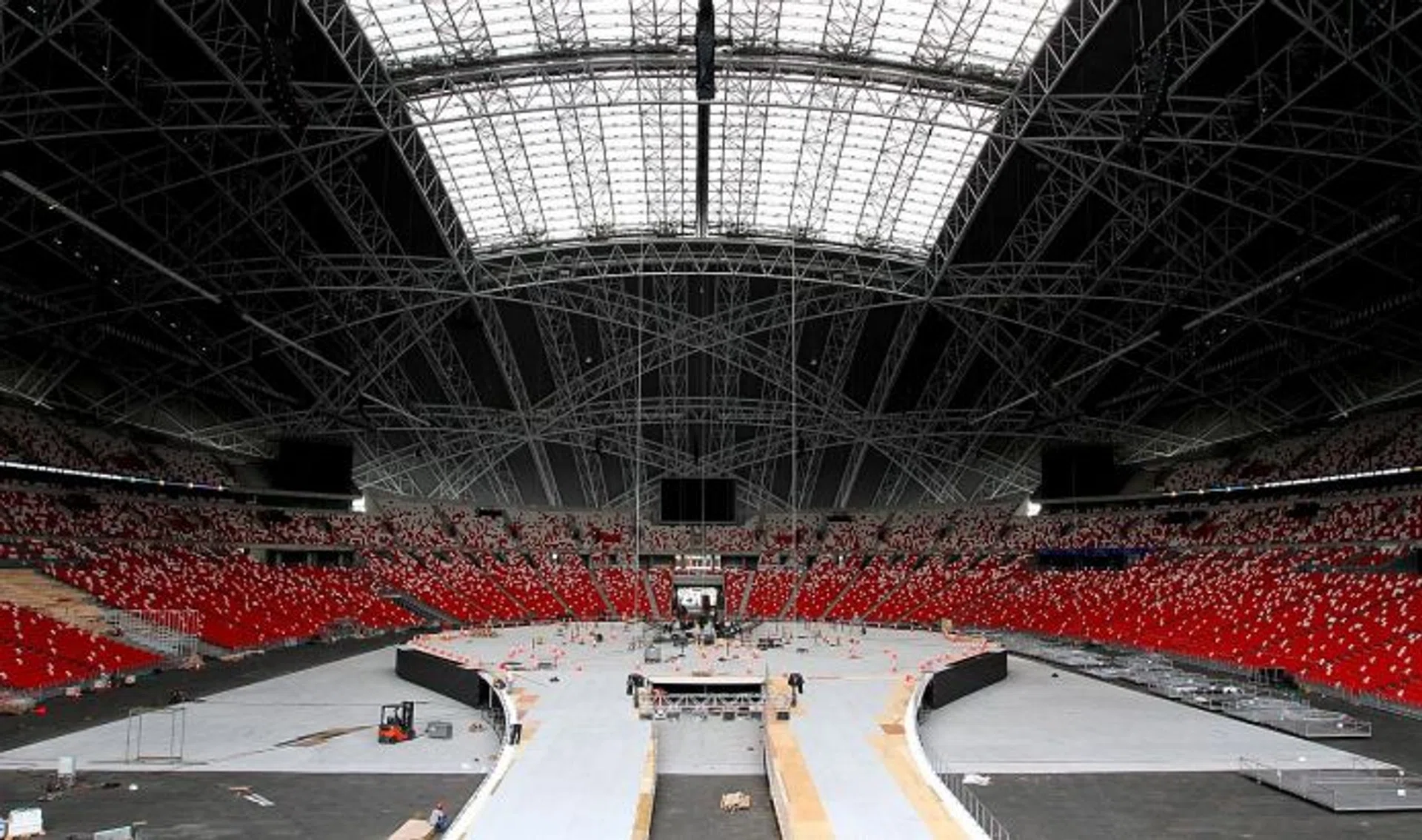 GETTING READY: The stage is about the size of nine basketball courts  (above).