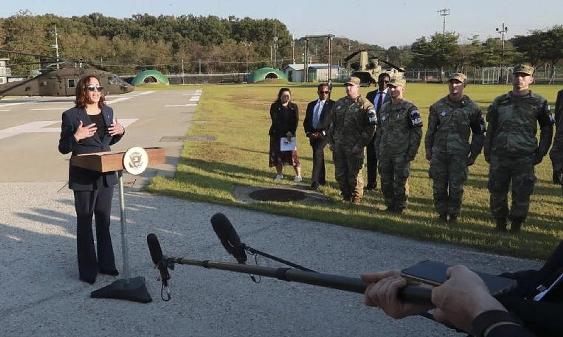 Ms Kamala Harris speaks to the media at the end of her visit to the Demilitarised Zone, in South Korea, on Sept 29, 2022.