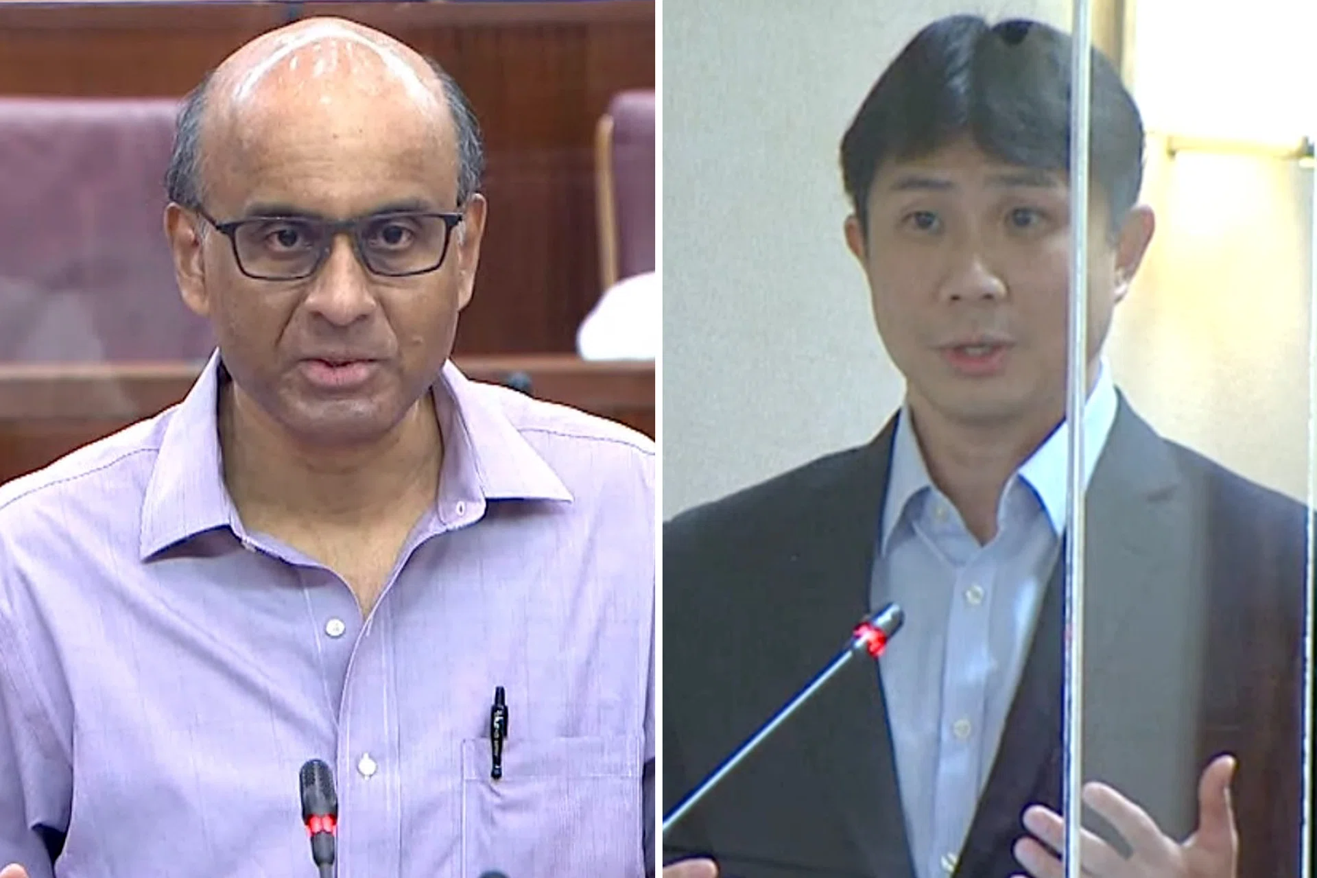 Rising to speak in the midst of a strong debate over Workers' Party MP Jamus Lim's (right) maiden speech, Senior Minister Tharman Shanmugaratnam (left) said the Government believes in the importance of raising the wages of the lowest-paid workers. 