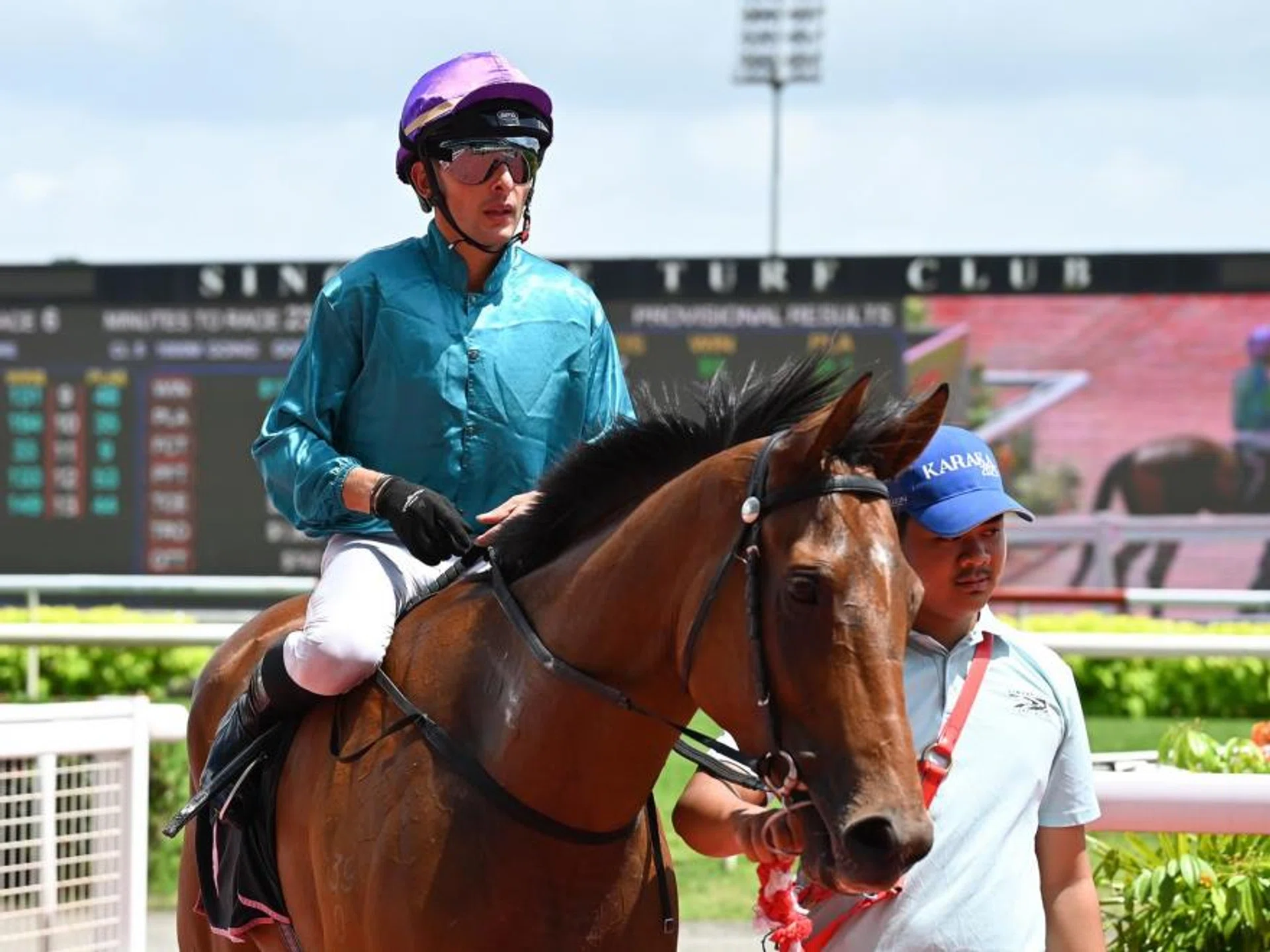 The Jason Ong-trained $9 favourite Starboy returning to the winner's enclosure with French jockey Marc Lerner astride after claiming the $20,000 Open Maiden event (1,200m) in Race 5 at Kranji on Jan 27.