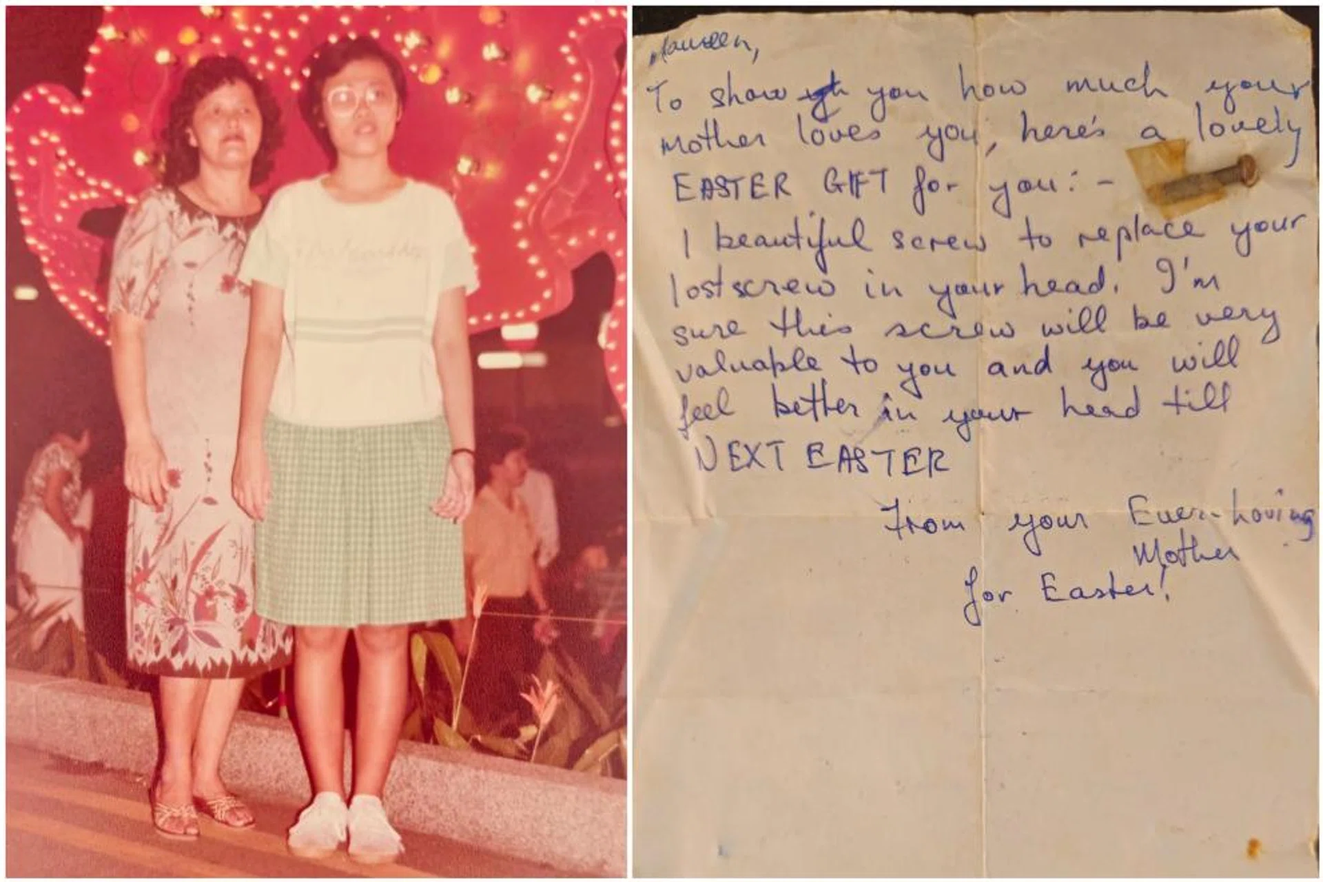 Mum and I when we were younger, and her Easter love note.