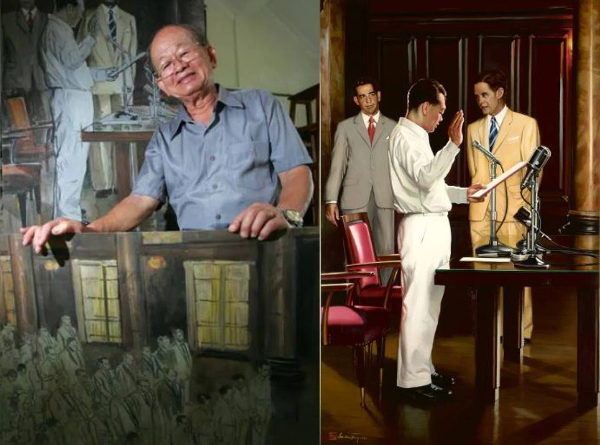 Artist Lai Kui Fang (left) and his famous painting of Mr Lee Kuan Yew being sworn in for the first time in 1959.