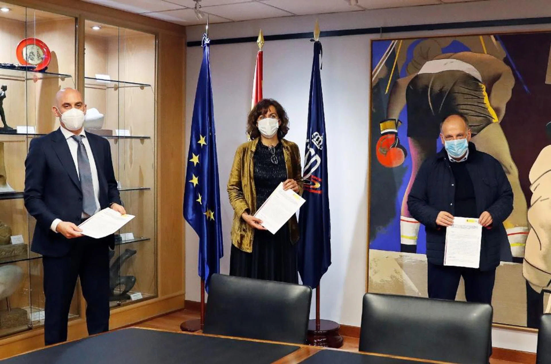 (From left) Spanish football federation president Luis Rubiales, sports minister Irene Lozano and La Liga chief Javier Tebas signing an agreement on a Code of Conduct in Spanish football amid the ongoing Covid-19 pandemic.