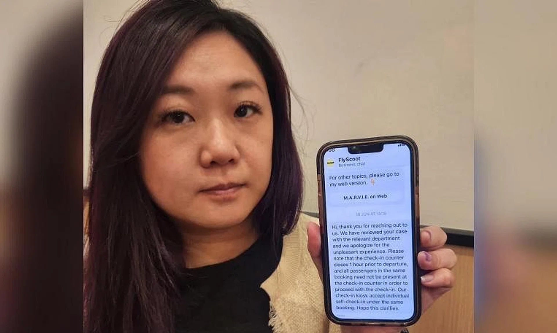 Ms Lin Jiahui's family was unable to board their Scoot flight after staff said all members of a group travelling together had to check in together.