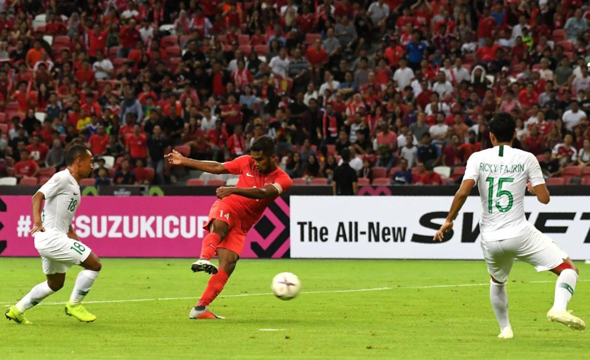 Singapore skipper Hariss Harun slamming home a loose ball to score in the 37th minute.