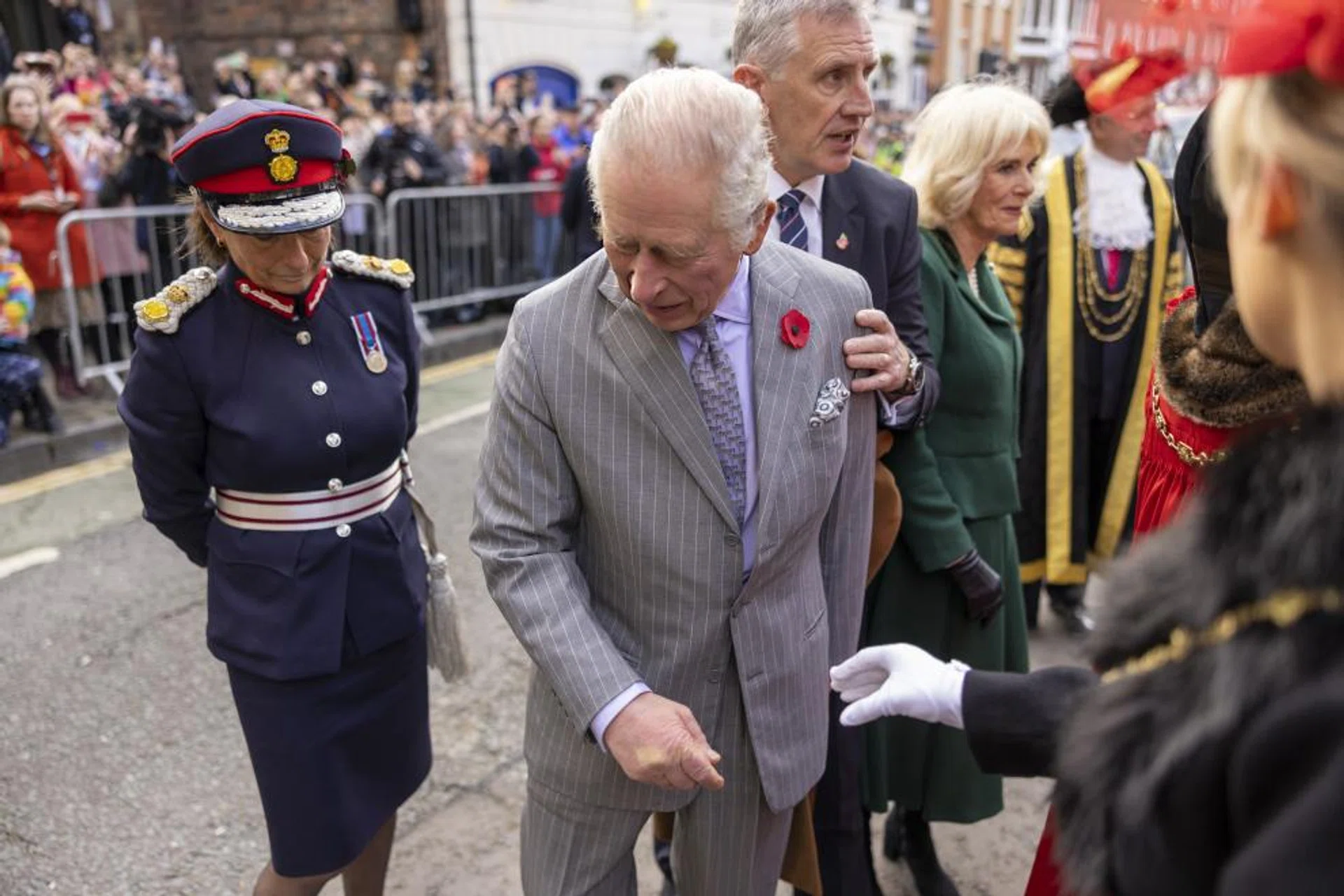 King Charles III reacts after an egg was thrown in his direction during a ceremony at Micklegate Bar in York, northern England on Nov 9, 2022 as part of a two-day tour of Yorkshire