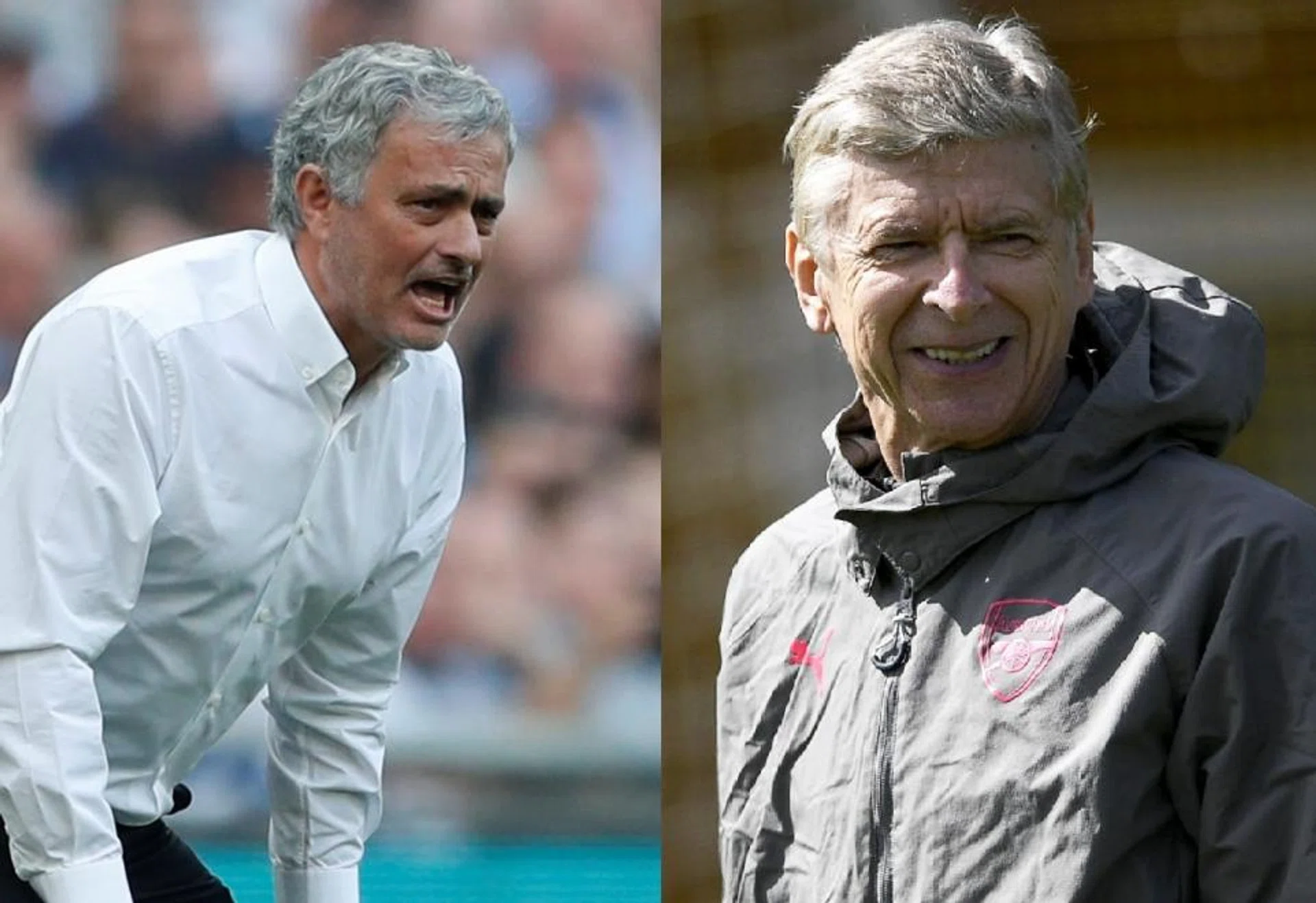 Jose Mourinho (left) says his previous antics on Arsene Wenger (right) should be seen in the context of trying to challenge Arsenal's leading position. 