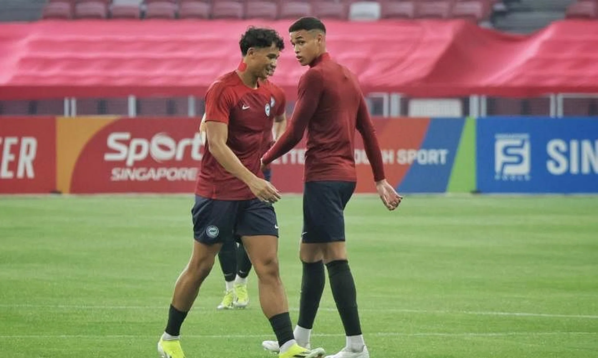 Singapore’s Ikhsan Fandi (left) and Ilhan Fandi during a training session at National Stadium.
