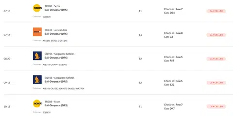 The flights cancelled include those operated by Singapore Airlines, Scoot and Jetstar Asia.