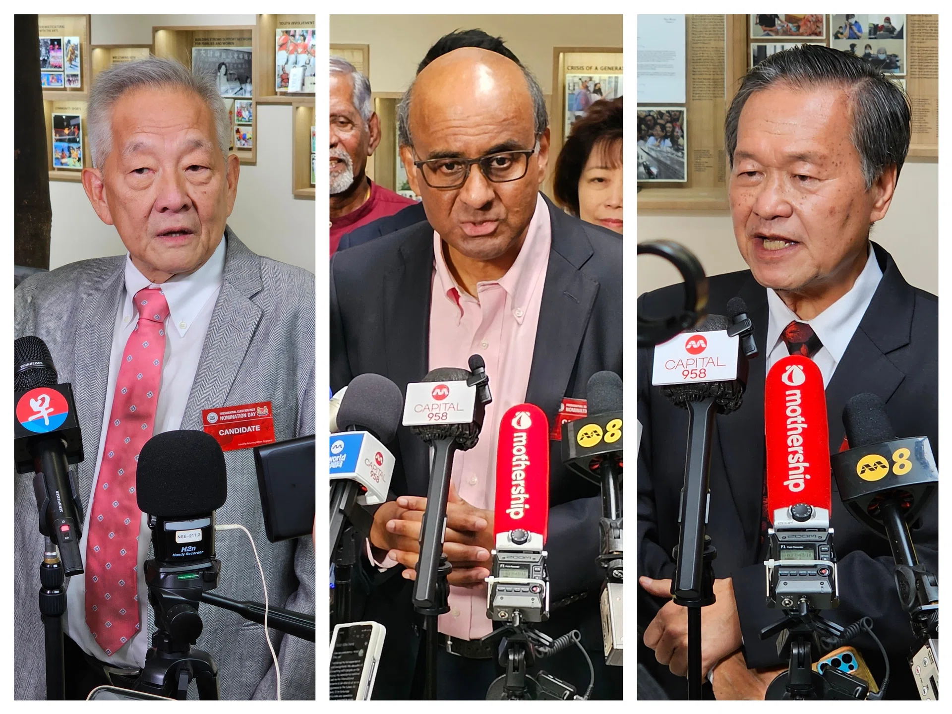 (From left) Former GIC investment chief Ng Kok Song, former senior minister Tharman Shanmugaratnam and former NTUC Income chief Tan Kin Lian had earlier submitted their nomination papers ahead of the noon deadline.