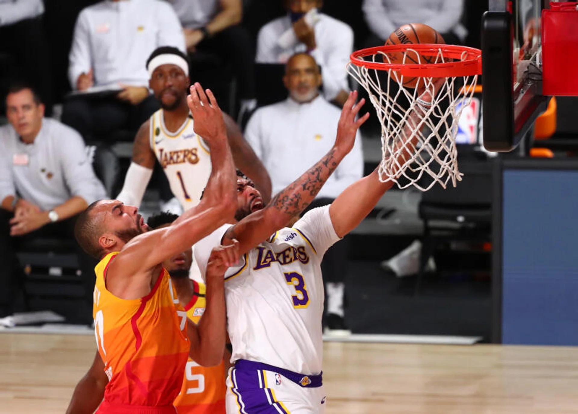 Los Angeles Lakers' Anthony Davis is fouled en route to bagging 42 points against the Utah Jazz.