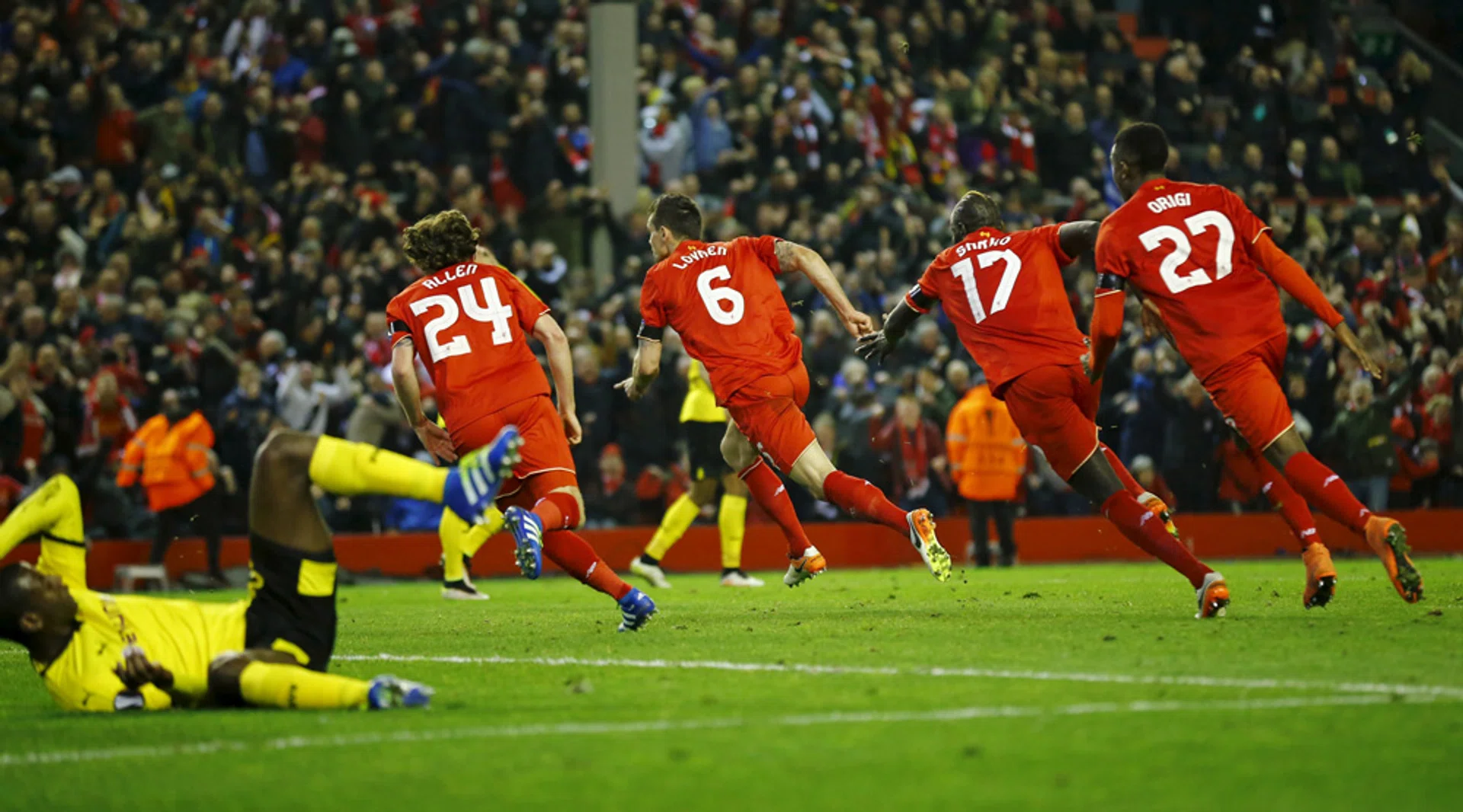 Liverpool's celebrates the fourth goal, scored by Dejan Lovren