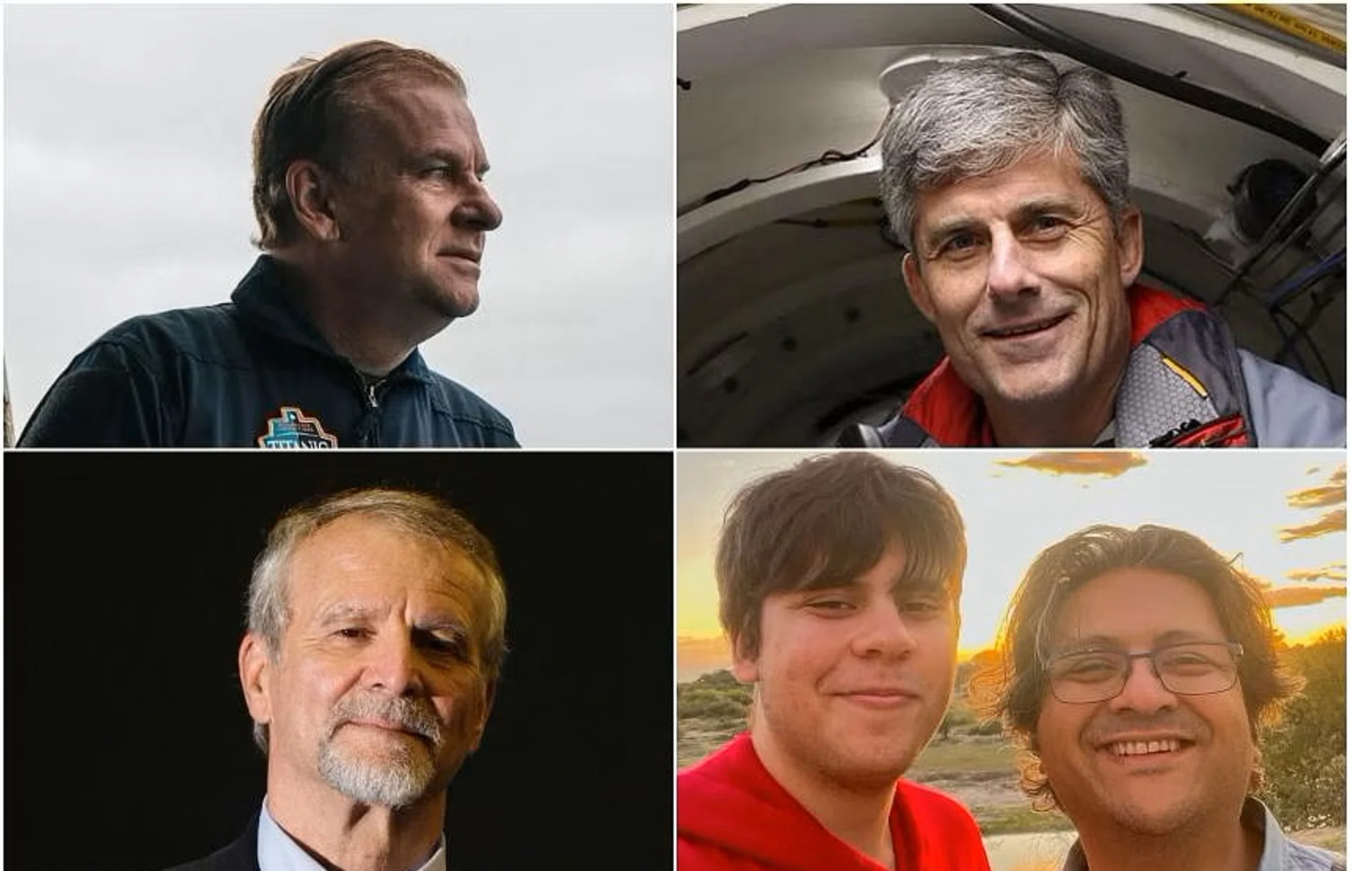 The five people aboard were (clockwise from top left) British billionaire Hamish Harding, OceanGate Expeditions CEO Stockton Rush, Pakistani tycoon Shahzada Dawood and his son Suleman, and French submarine operator Paul-Henri Nargeolet.