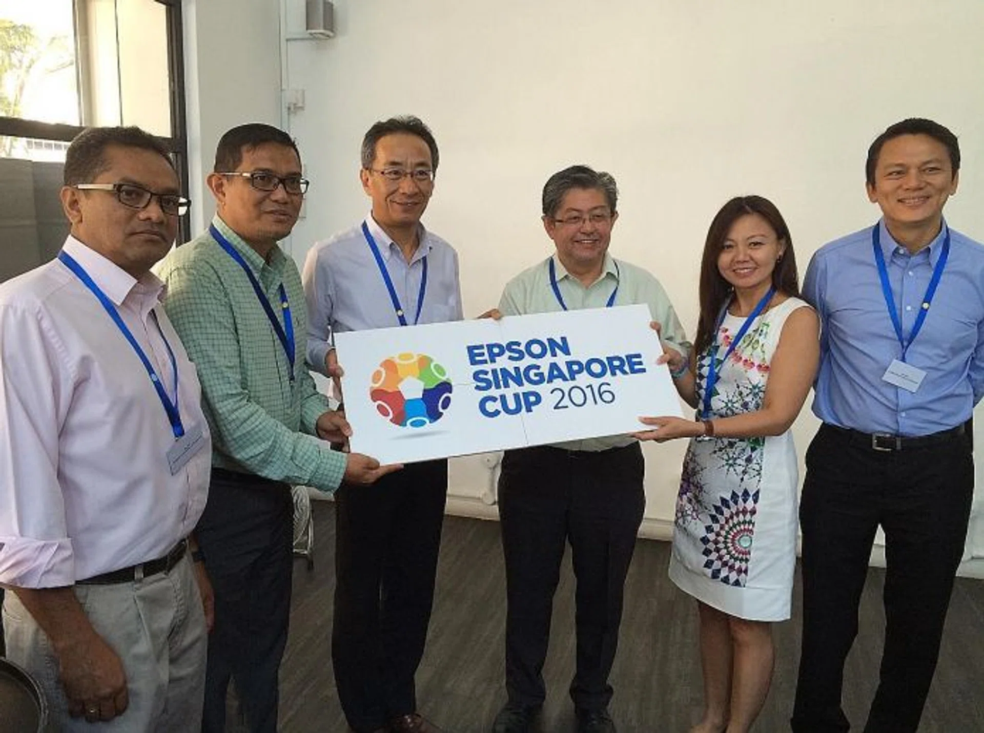 YOUTHS HAVE A CHANCE TO SHINE: (From left) FAS president Zainudin Nordin, Sinad Sports director Bambang Sugeng, managing director of Epson's regional office in Singapore Toshimitsu Tanaka, Sinad Sports chairman Jeremy Chan, Epson Singapore general manager (sales, marketing and customer service division) Tan May Lin and FAS general secretary Winston Lee at the launch of the Epson Singapore Cup yesterday at The Refinery.
