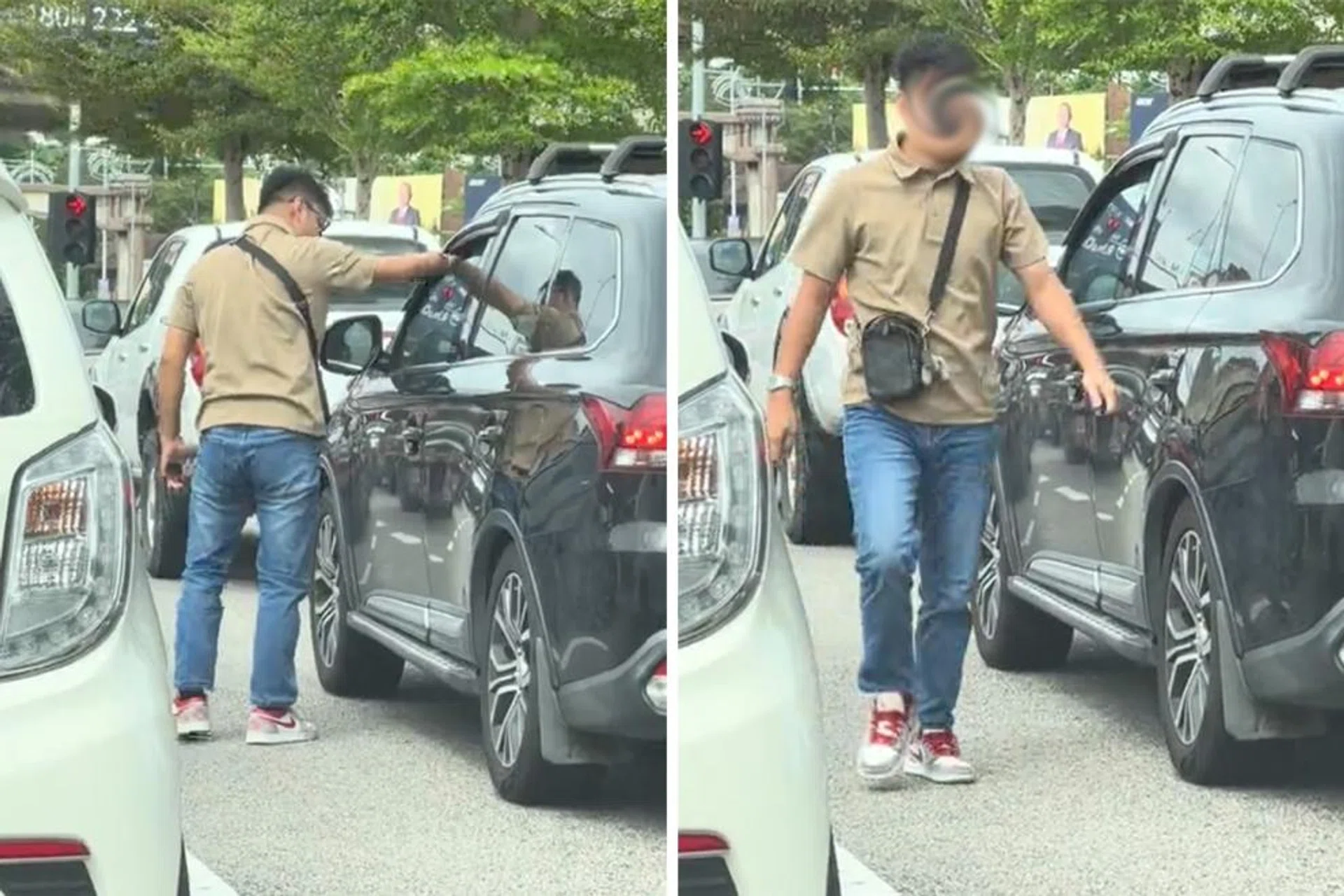 Another driver calmly picks up the discarded peel, knocks on the passenger window to get the occupants' attention, and proceeds to return the trash through the partially opened window.
