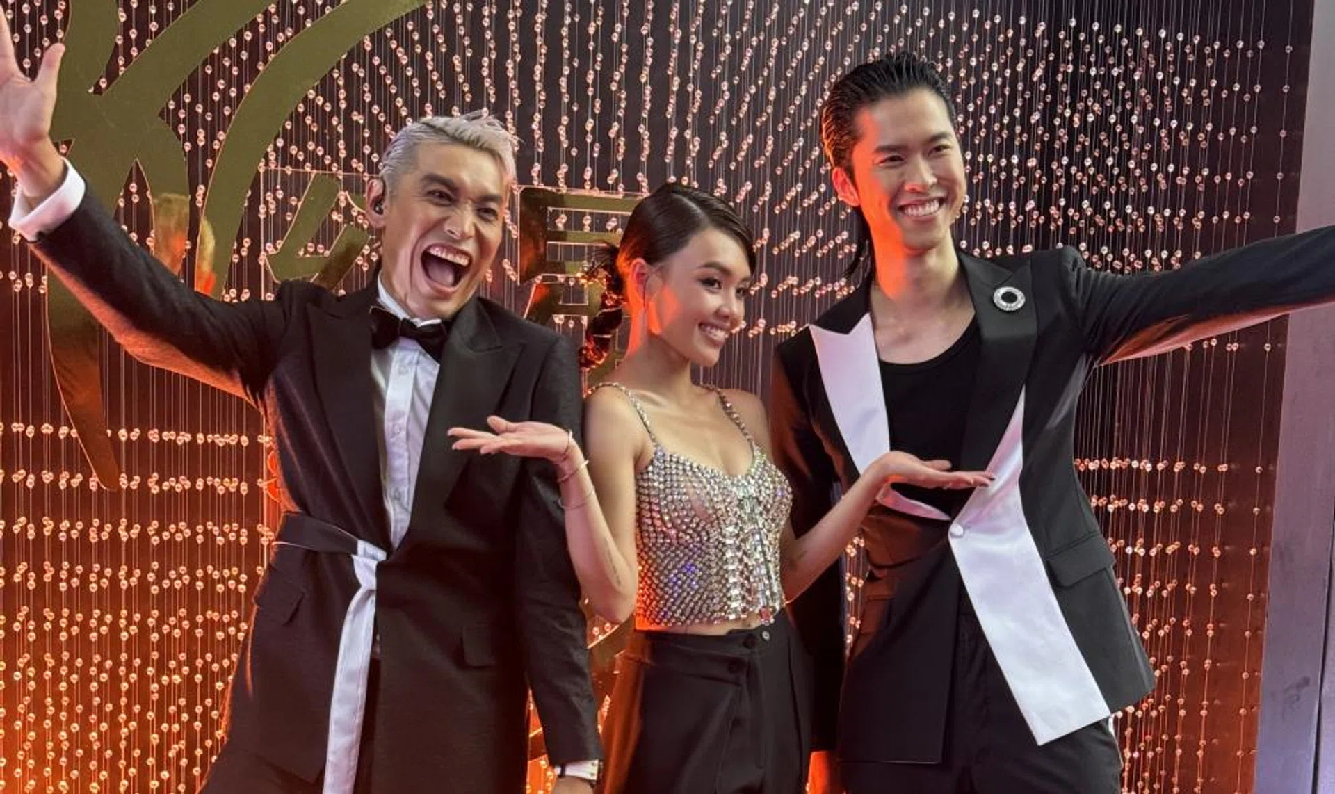 (Left to right) Star Awards 2024 hosts Jeff Goh, Hazelle Teo, and Herman Keh.