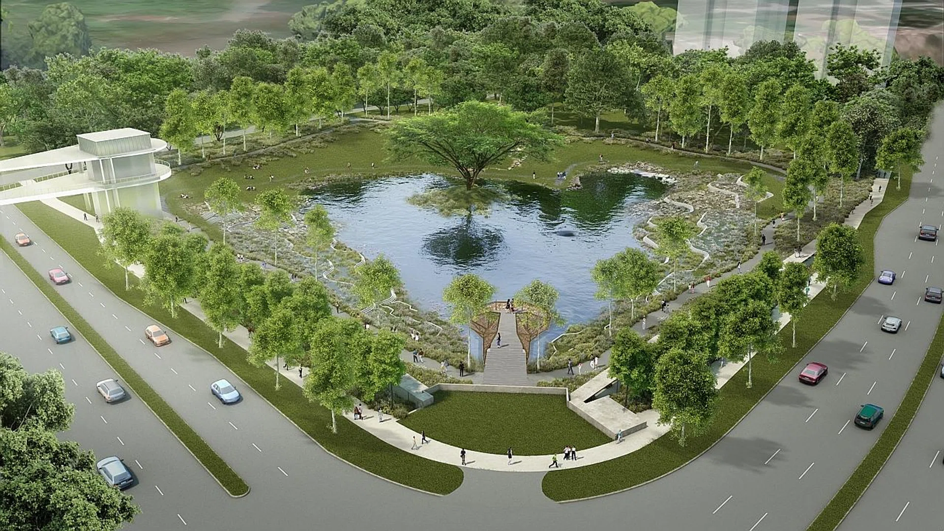 A rain tree on a little island will be the focal point of the new Alkaff Lake. 