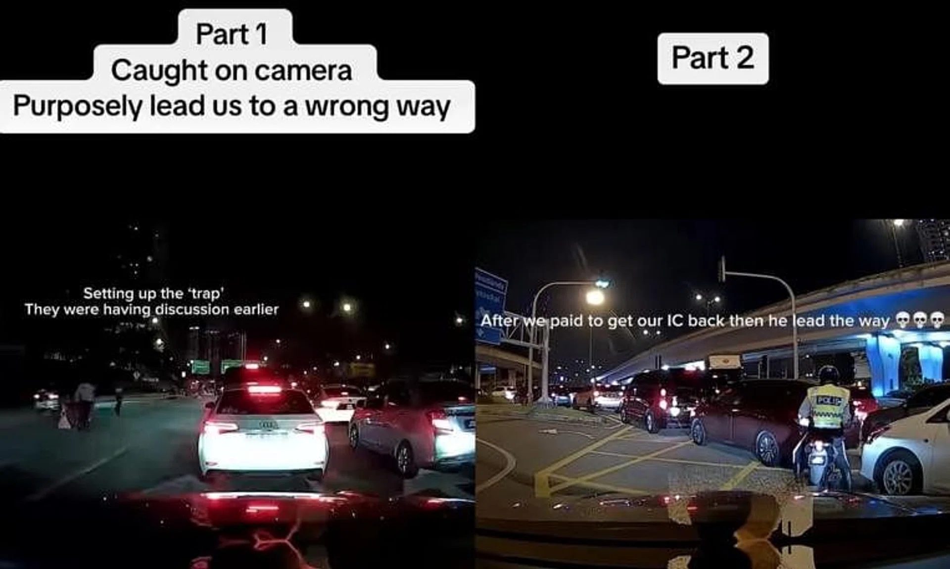 Facebook user Sage says the car she was in was directed to the heavy vehicles lane (left). She had to pay RM100 to get her boyfriend’s licence back, she says, before being escorted back to the car lane (right). 