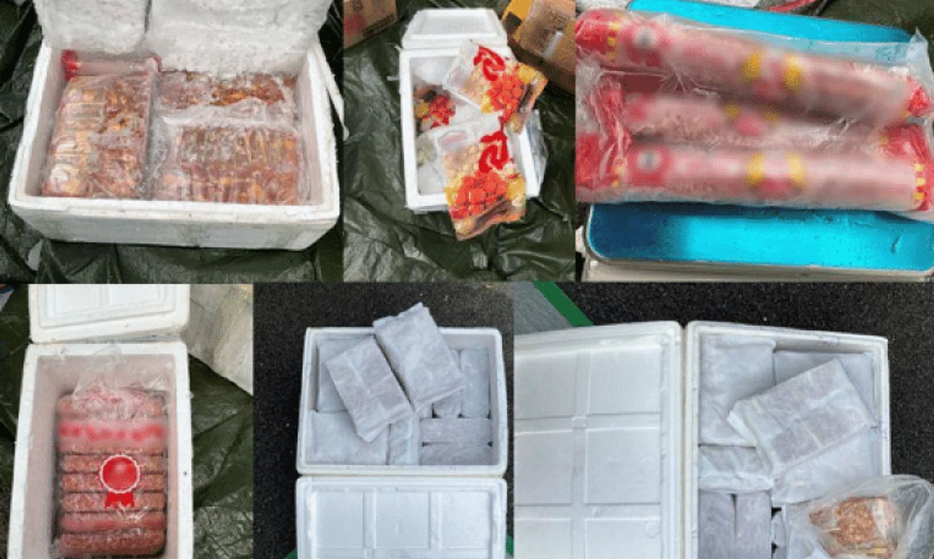 Illegally imported meat products, including pork and chicken skewers, seized by SFA at an open-air carpark near Joo Seng Road.