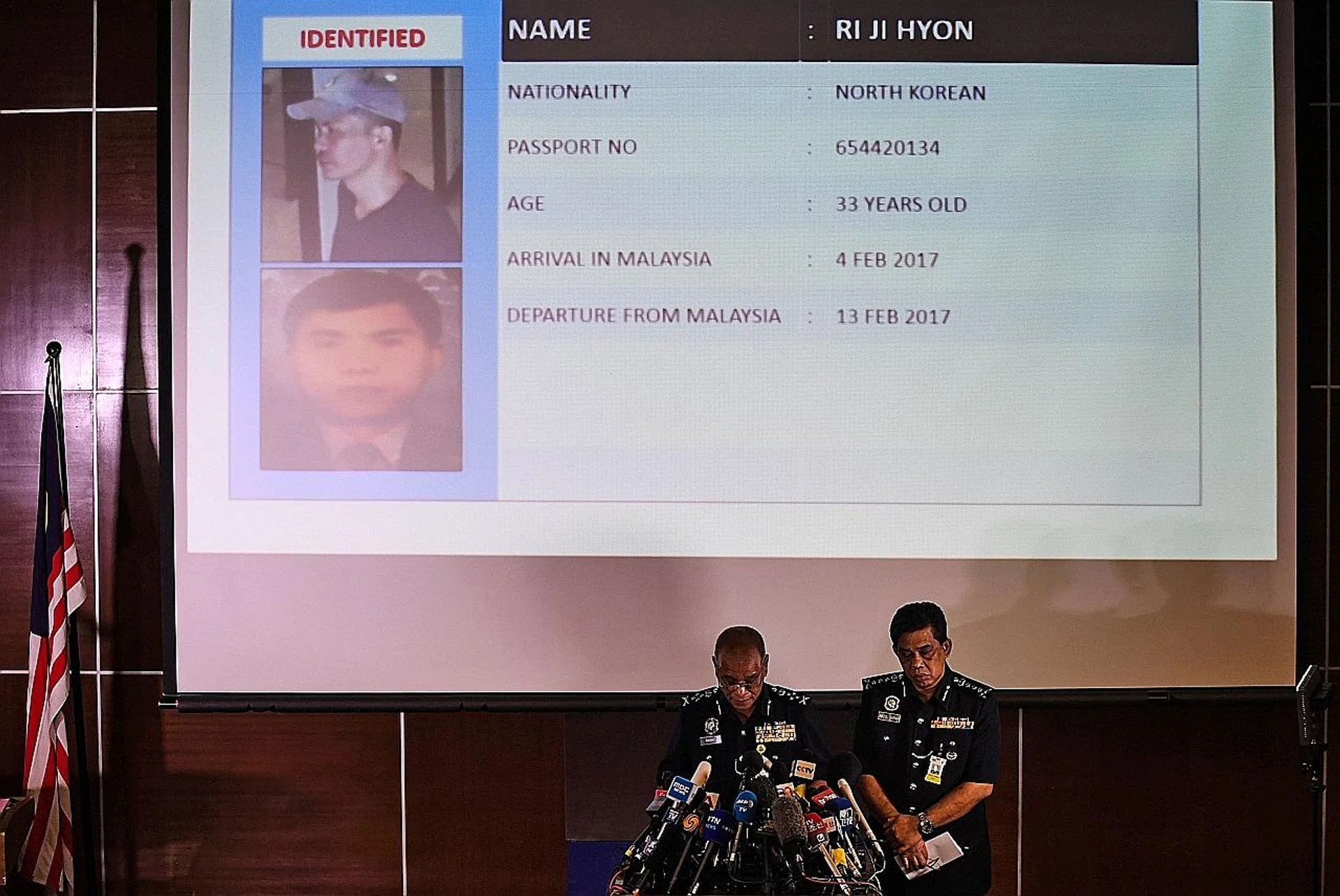 Malaysian police showing information on Ri Ji Hyon, one of five suspects involved in the killing of Mr Kim Jong Nam. 