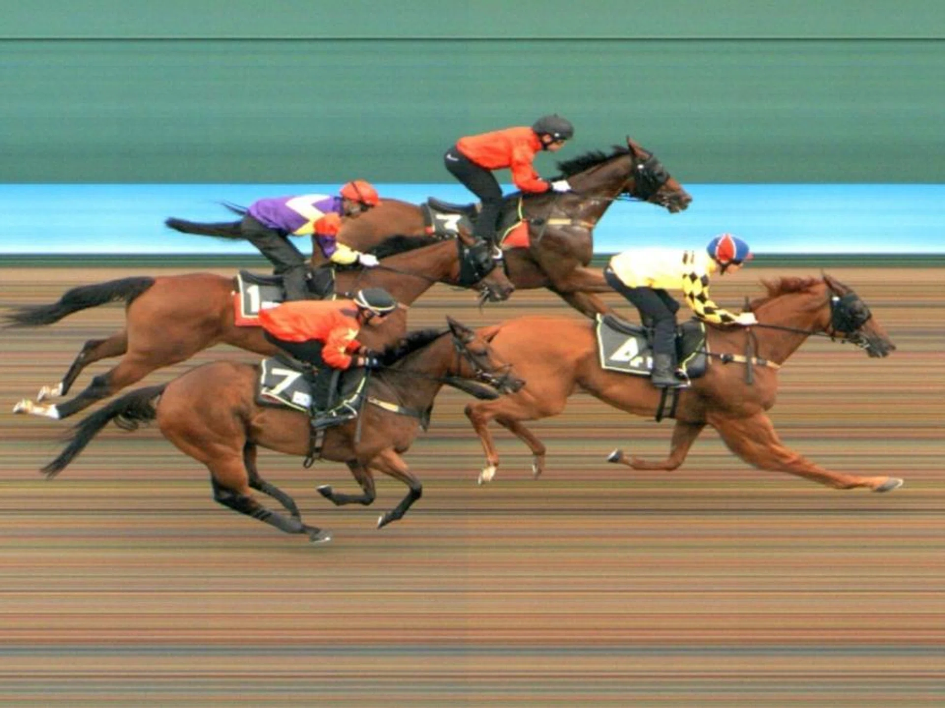 Golden Monkey (Jaden Lloyd) beating stablemate Dancing Supremo (Manoel Nunes, inside) and Lim's Kosciuszko (Marc Lerner, No. 7) in the second of four trials at Kranji on April 11. Fourth is Lucky Hero (Zyrul Nor Azman).
