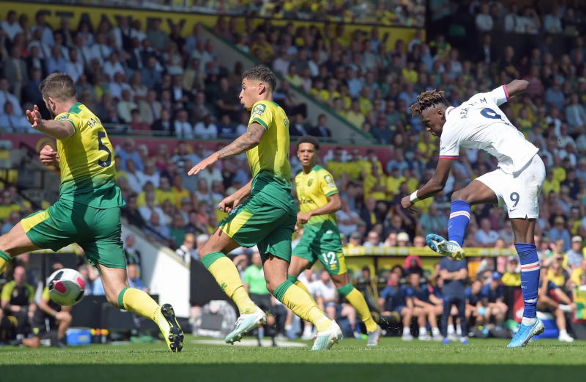 Chelsea's Tammy Abraham firing in the winning goal in their 3-2 victory over Norwich City.