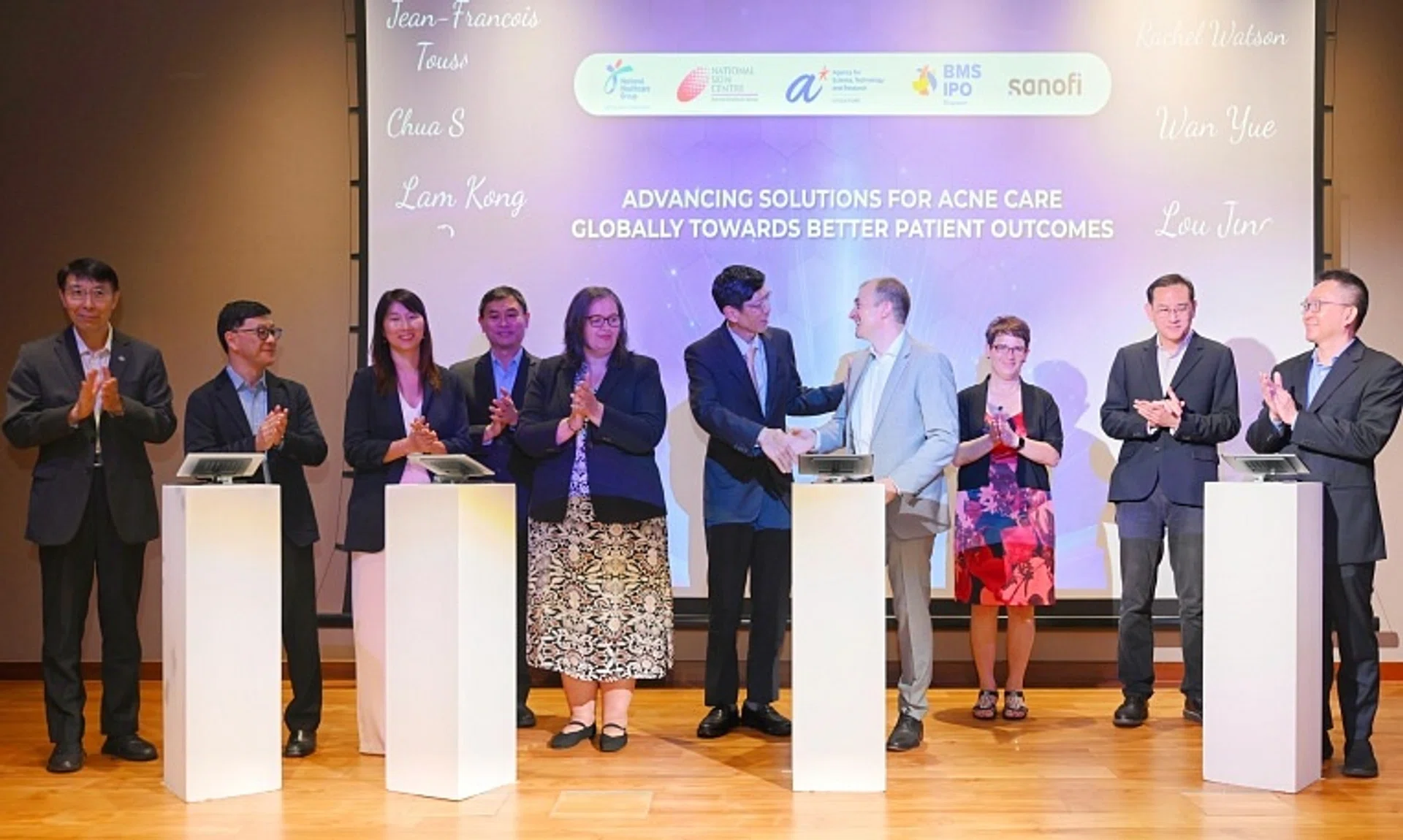 The Memorandum of understanding signing ceremony on advancing acne treatment research being signed at the National Skin Centre on Nov 22.