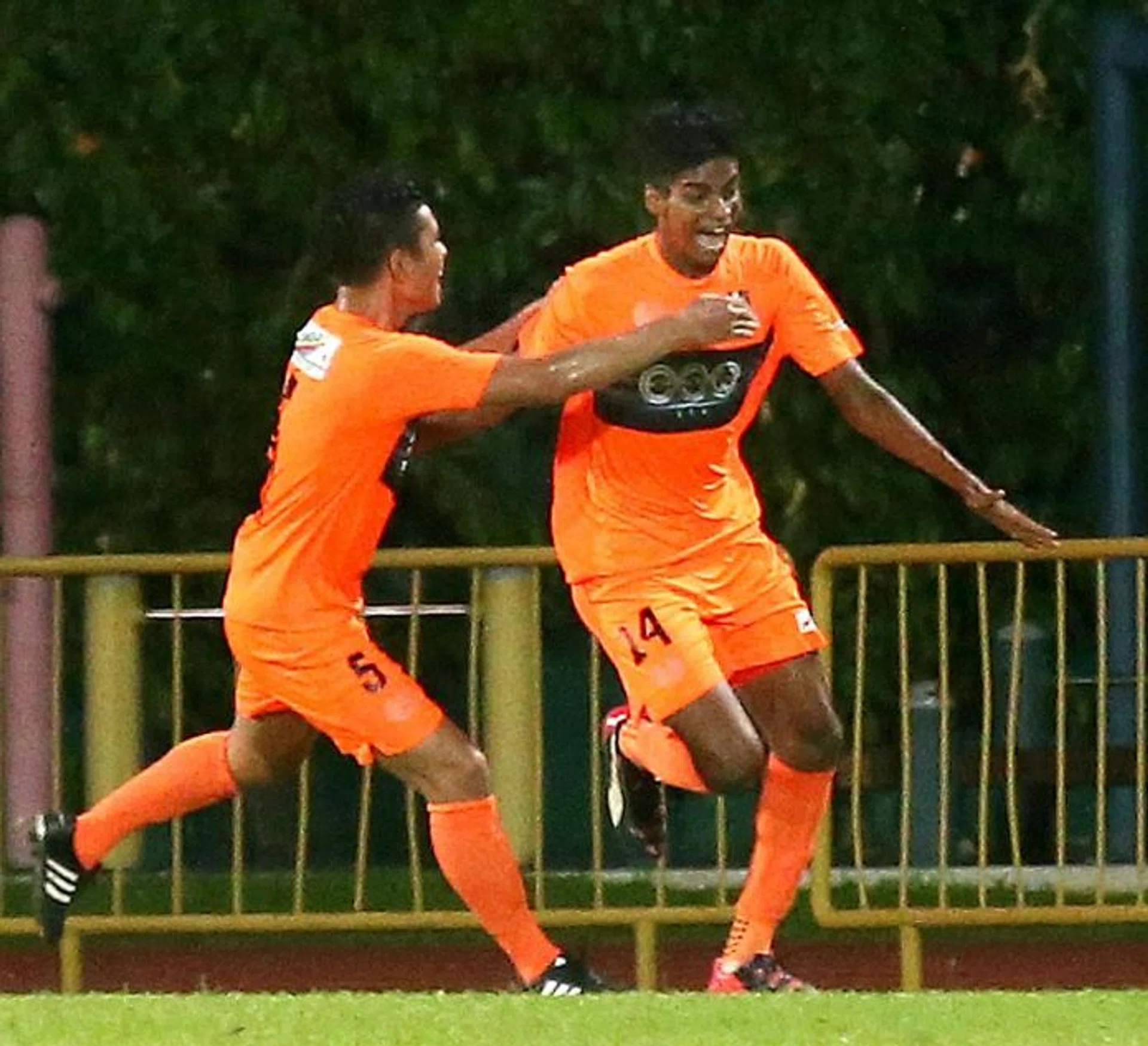 SUPER SUB: Iqbal Hamid Hussain (No. 14) scores the equaliser for Hougang, four minutes after coming off the bench.