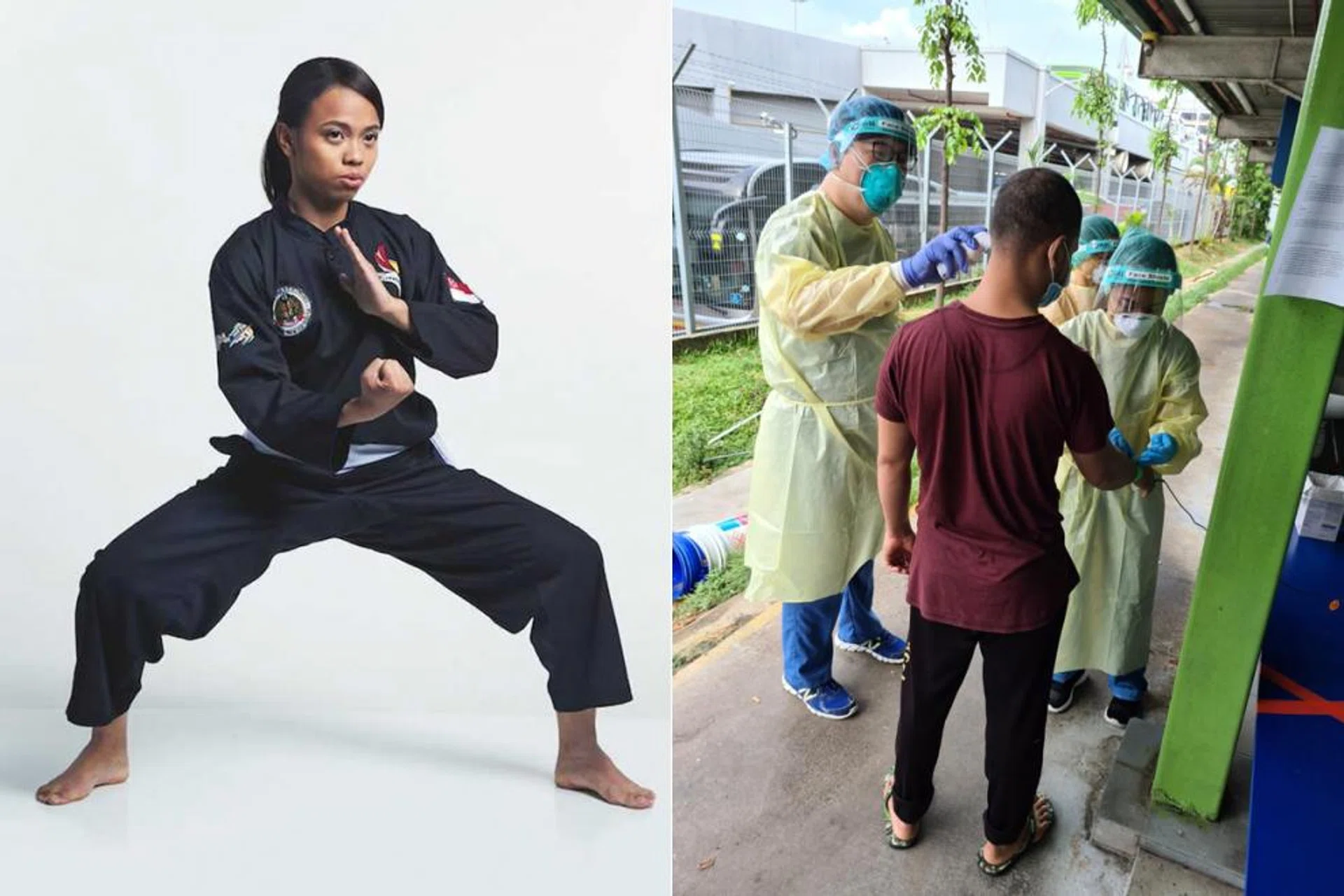 National silat exponent Atiq Syazwani Roslan (left and far right) has been volunteering as a healthcare assistant at Woodlands Lodge 1, a foreign worker dorm. 
