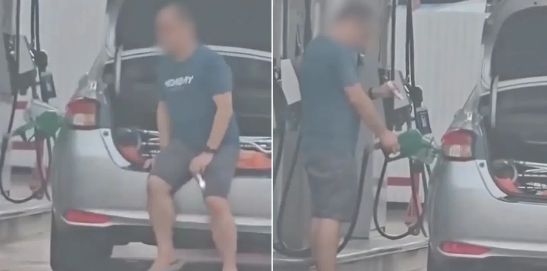 The man used a torch to check his fuel tank.