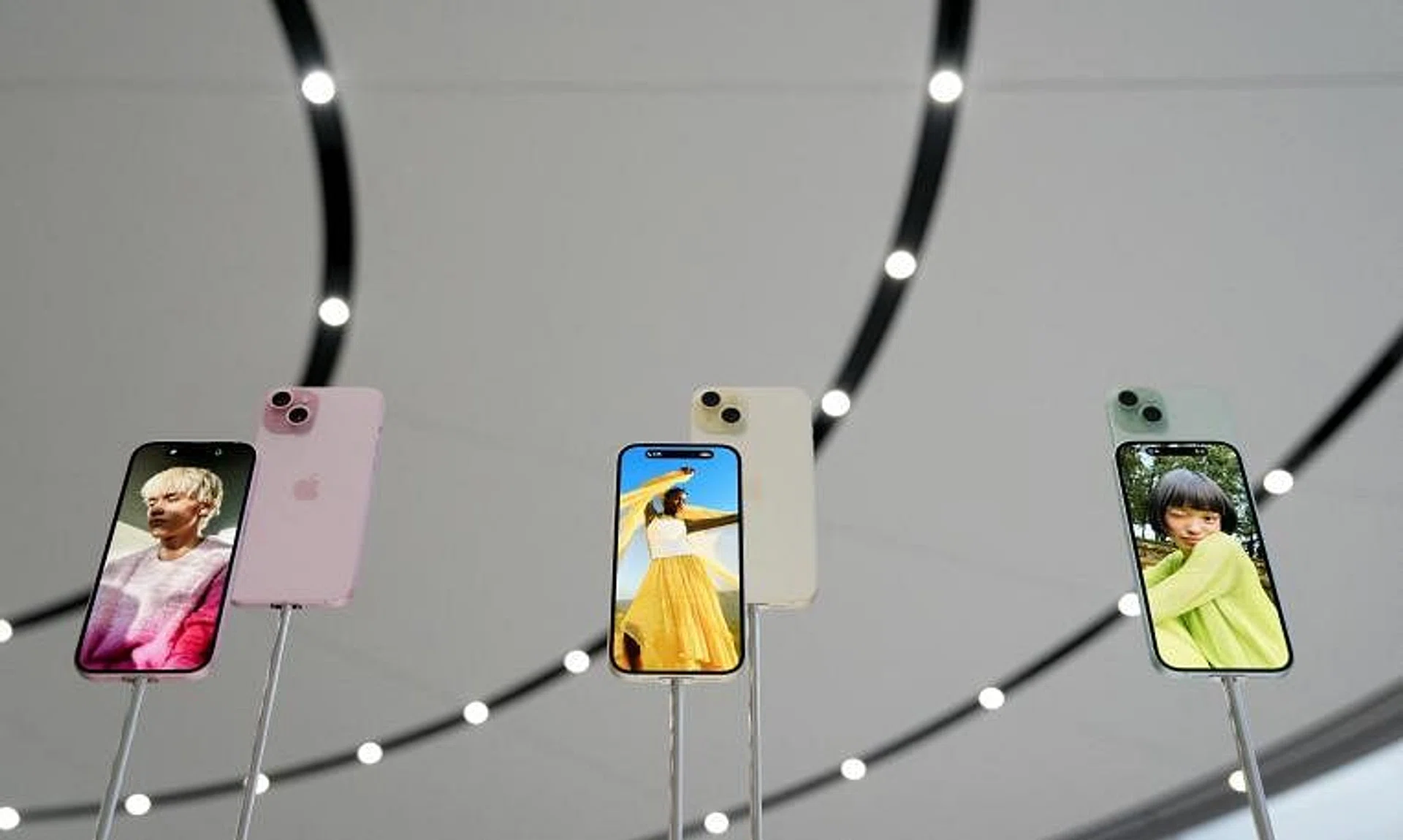 New iPhone 15 and iPhone 15 Plus on display during the Wonderlust event at Apple's headquarters in Cupertino, California.