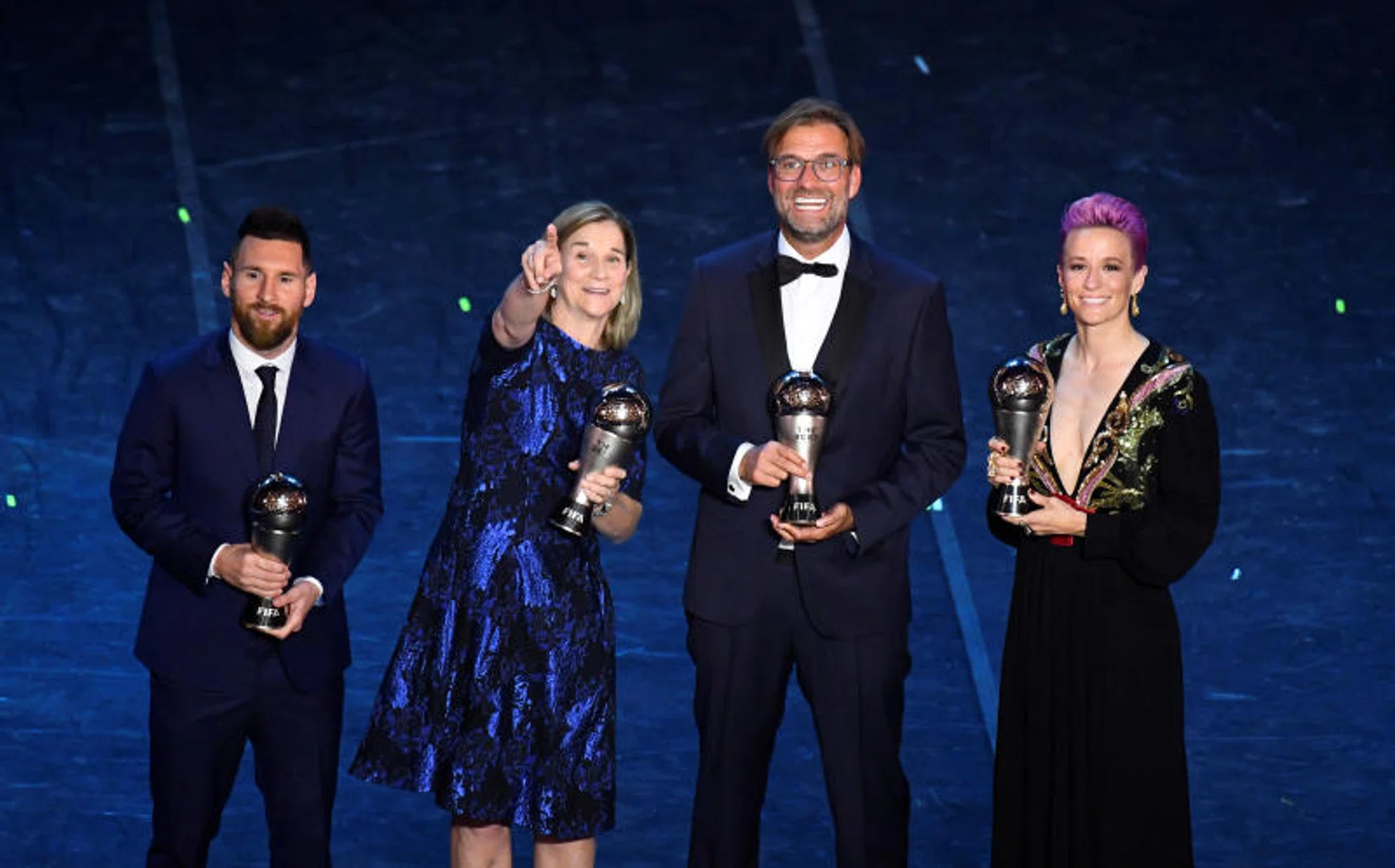 (From left): Best Fifa Men's player Lionel Messi, Best Fifa Women's coach Jill Ellis, Best Fifa Men's coach Juergen Klopp and Best Fifa Women's player Megan Rapinoe. 