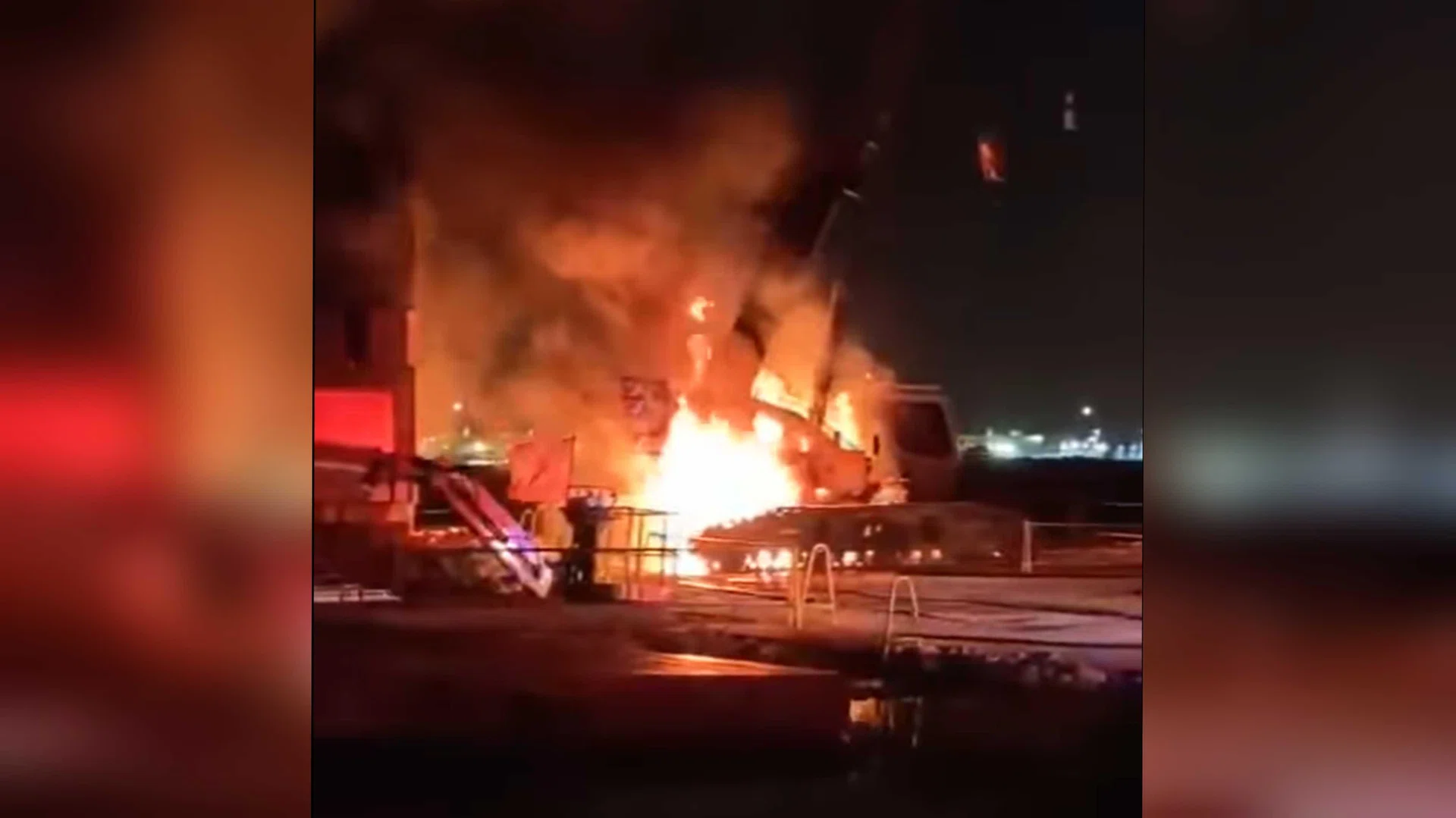 A video uploaded on Facebook shows a crane truck engulfed in flames.